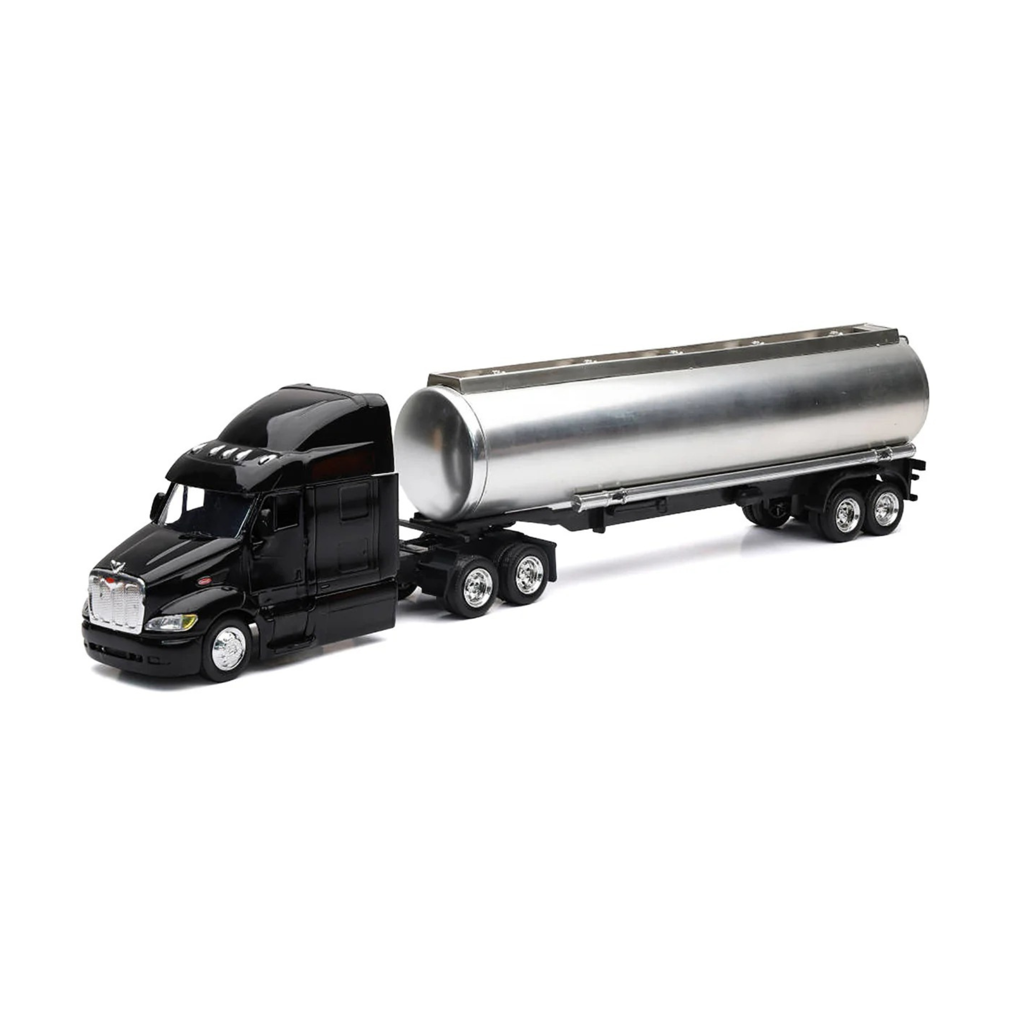 Peterbilt 387 Black Truck with Silver Tanker 1/43 Diecast Model by New Ray – Realistic Long Haul Truckers Series, Perfect Collectible for Truck Enthusiasts 