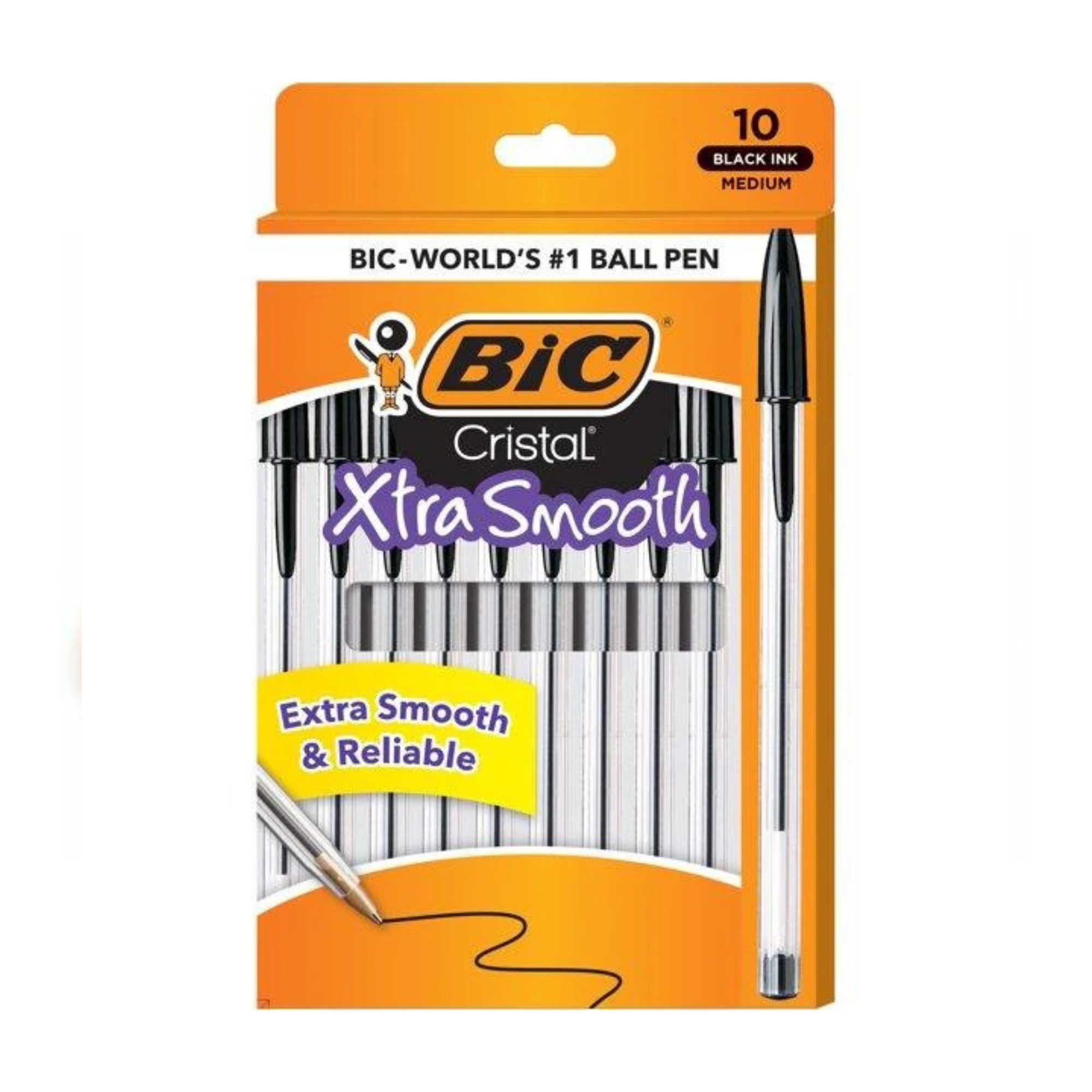 BIC Cristal Xtra Smooth Black Ink Pens, 1.0mm Medium Point, 10 Count - Reliable Ballpoint Pens for Smooth Writing 