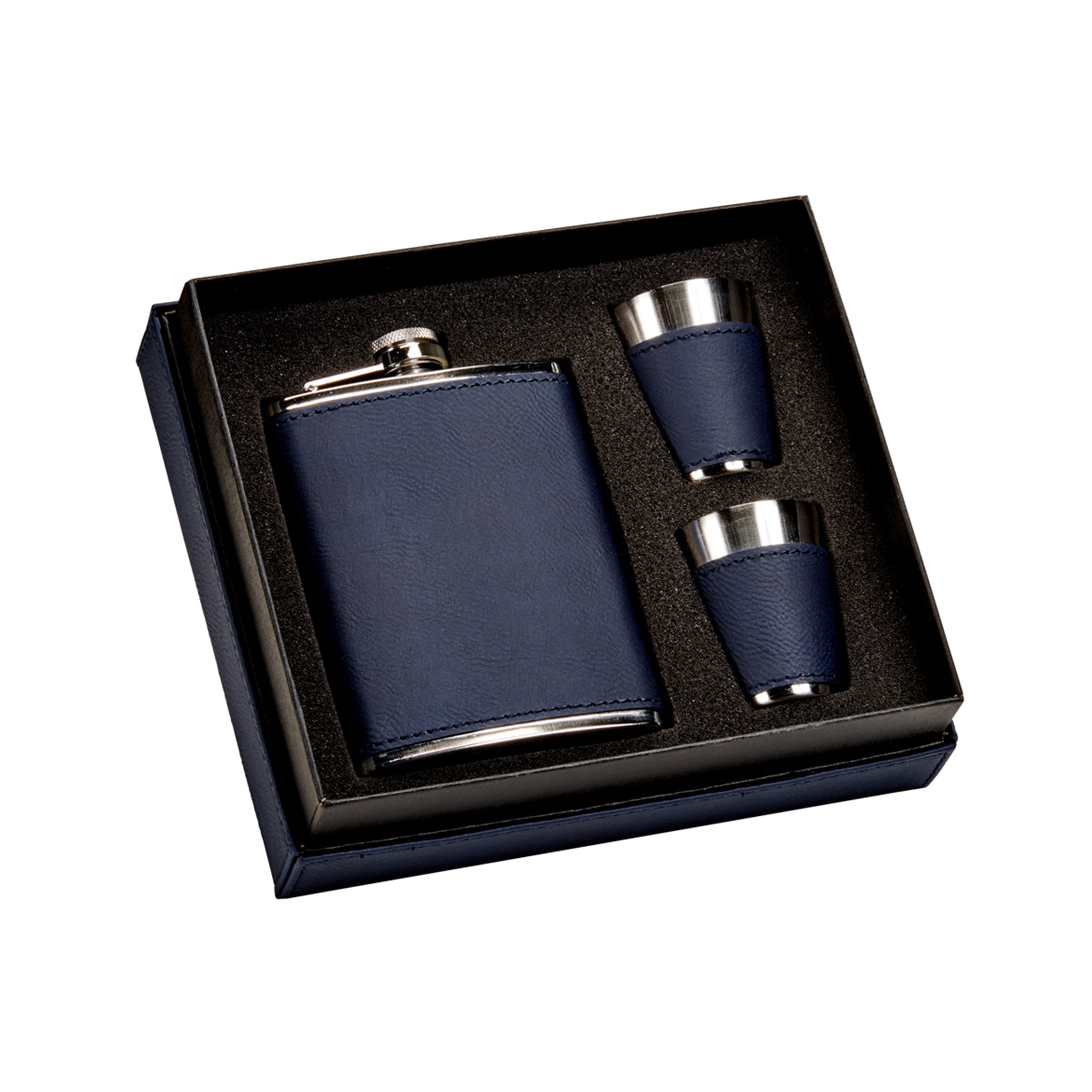 Navy Leatherette Flask & Stainless Steel Shot Glass Set-0