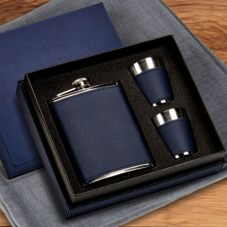 Navy Leatherette Flask & Stainless Steel Shot Glass Set-2