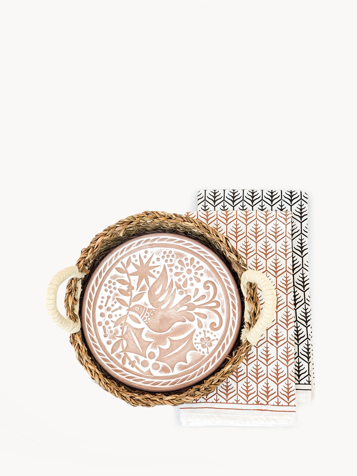 Artisan Terracotta Bread Warmer Gift Set with Handwoven Basket & Screen Printed Tea Towel