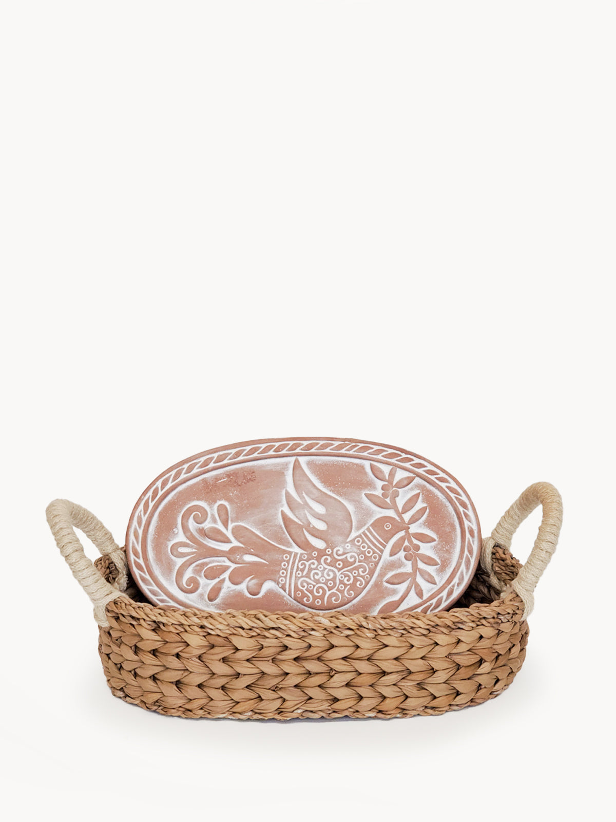Eco-Friendly Terracotta Bird Design Bread Warmer & Handwoven Seagrass Basket Set