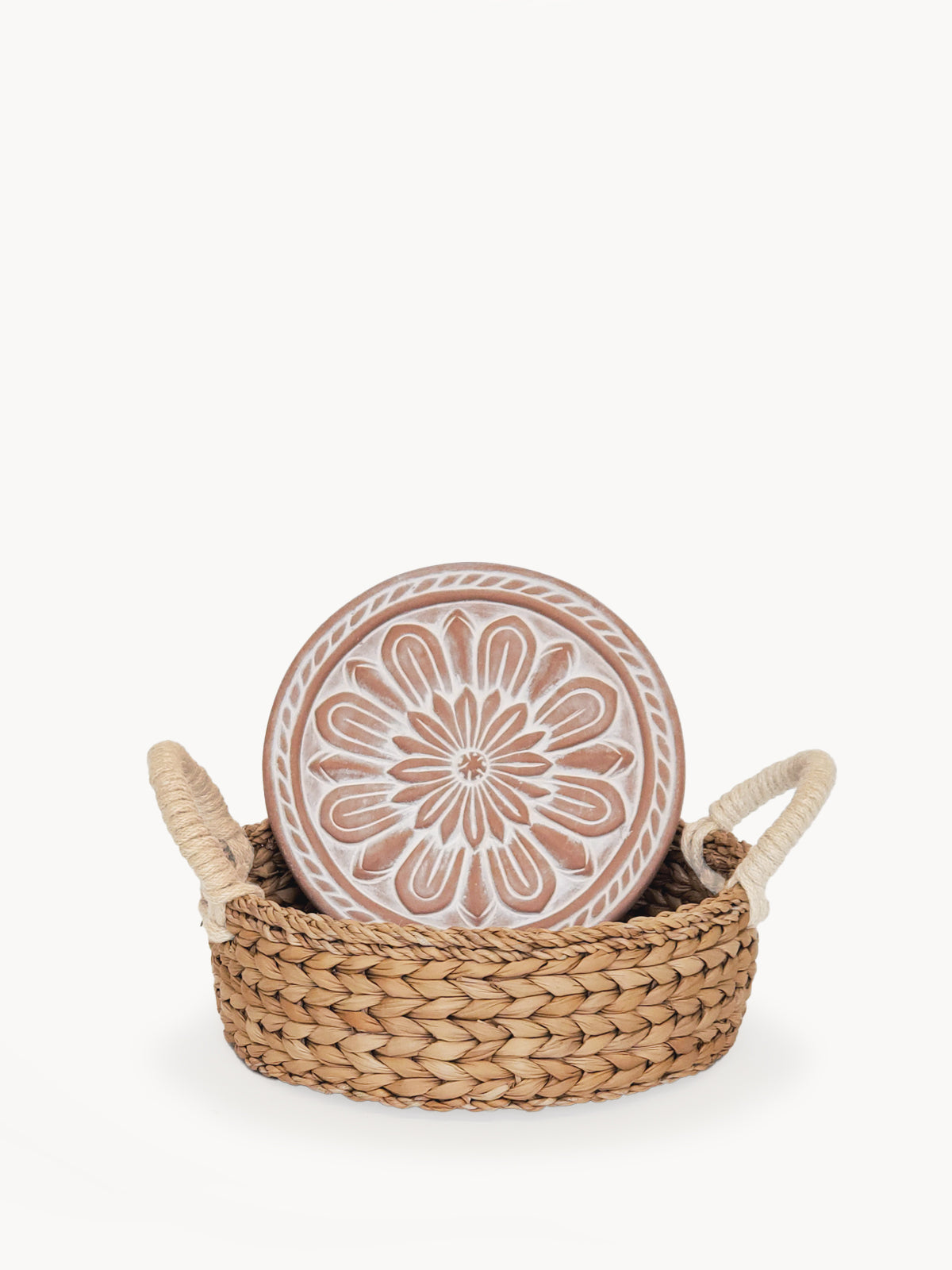 Vintage Floral Terracotta Bread Warmer & Handwoven Seagrass Basket Set