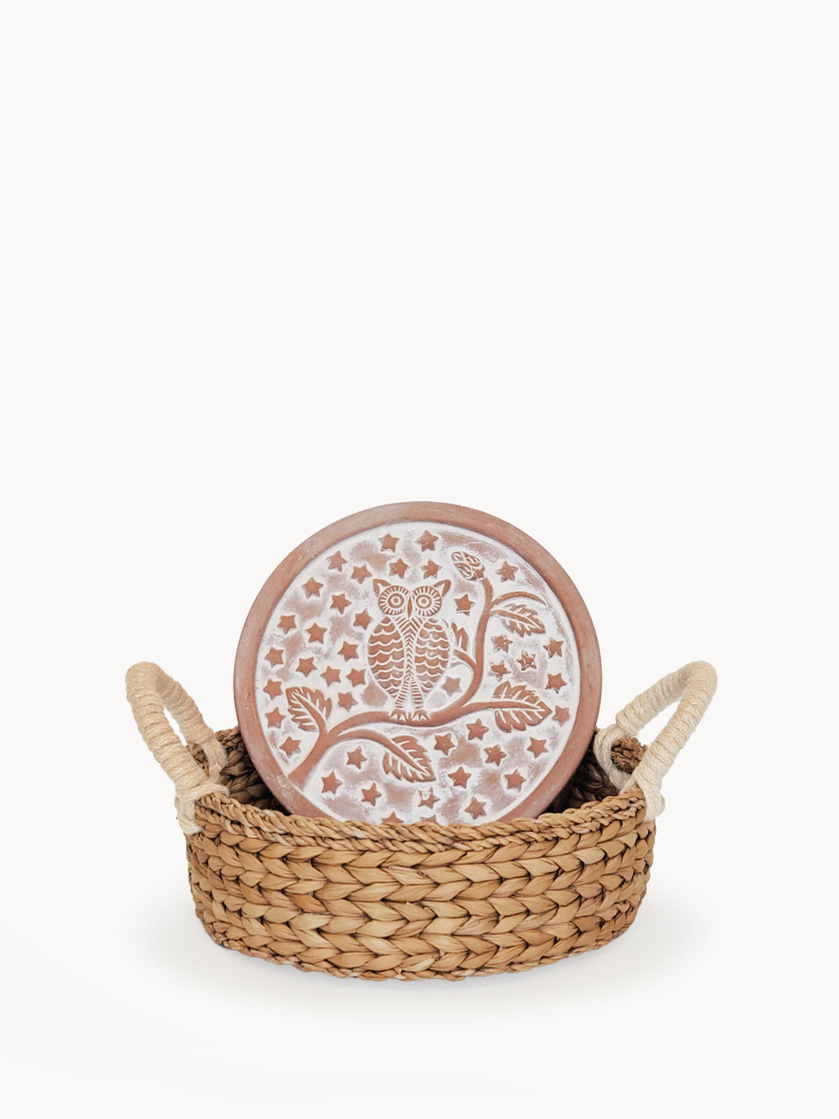 Terracotta Owl Bread Warmer & Handwoven Seagrass Basket Set
