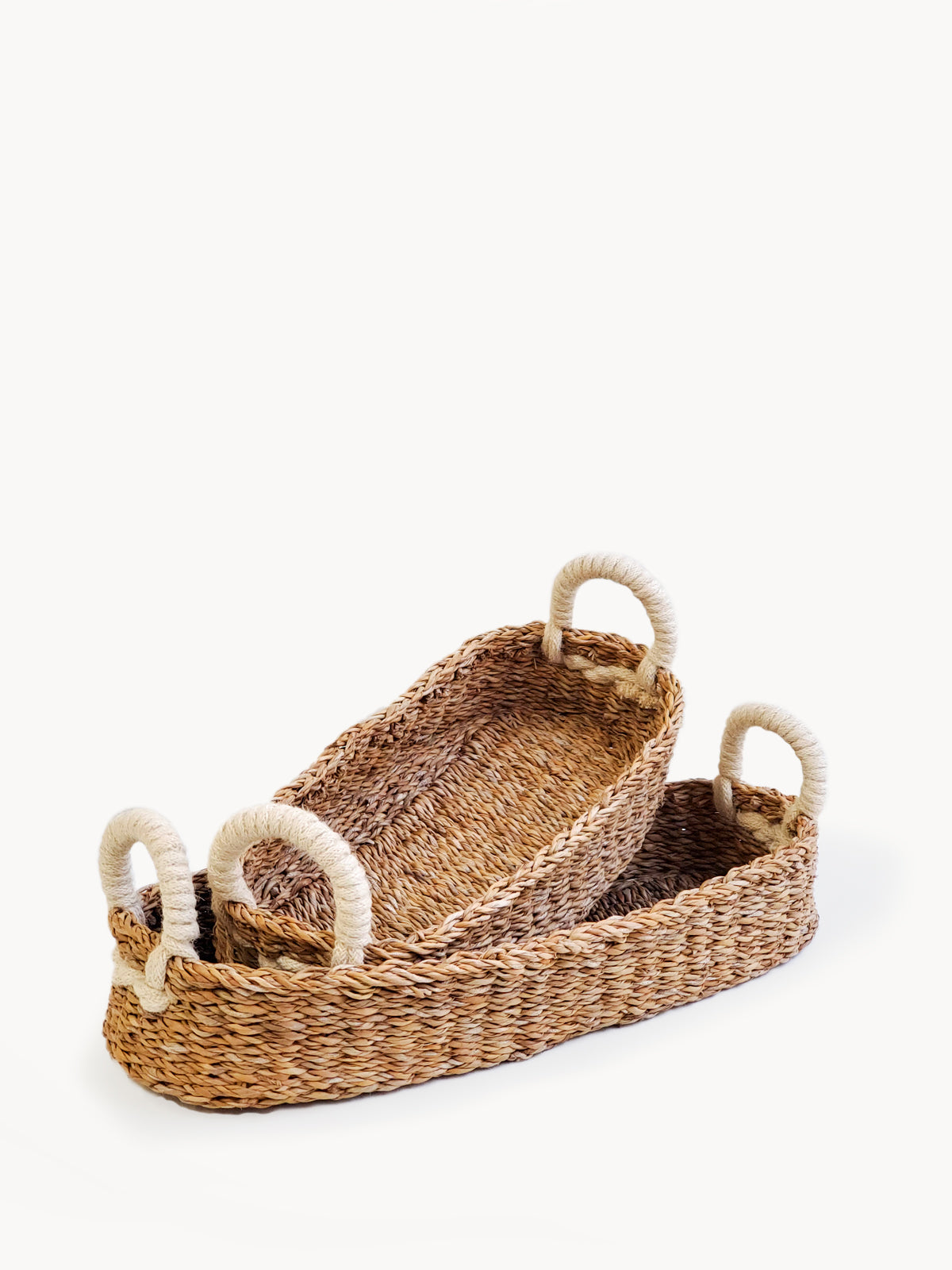 Handwoven Seagrass Bread & Utility Basket with White Jute Handle - Artisan Crafted in Bangladesh