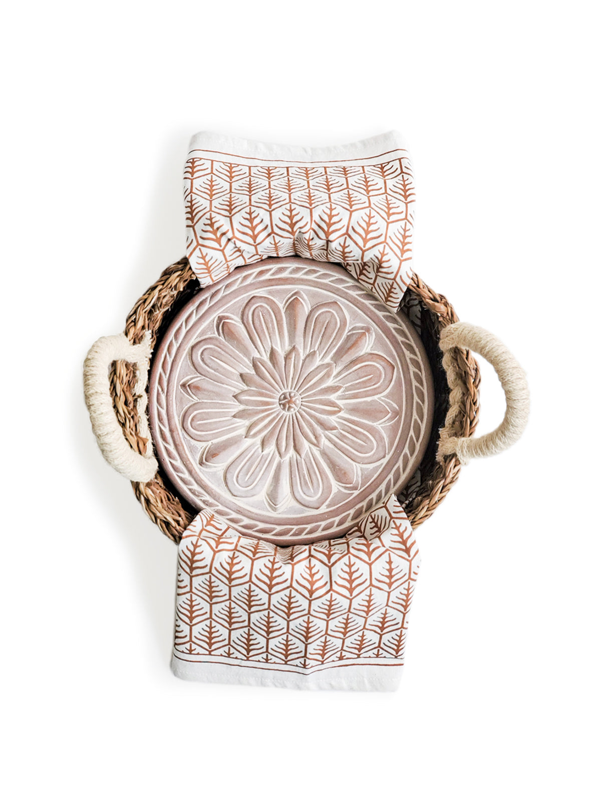 Vintage Flower Terracotta Bread Warmer & Seagrass Basket Gift Set with Cotton Tea Towel