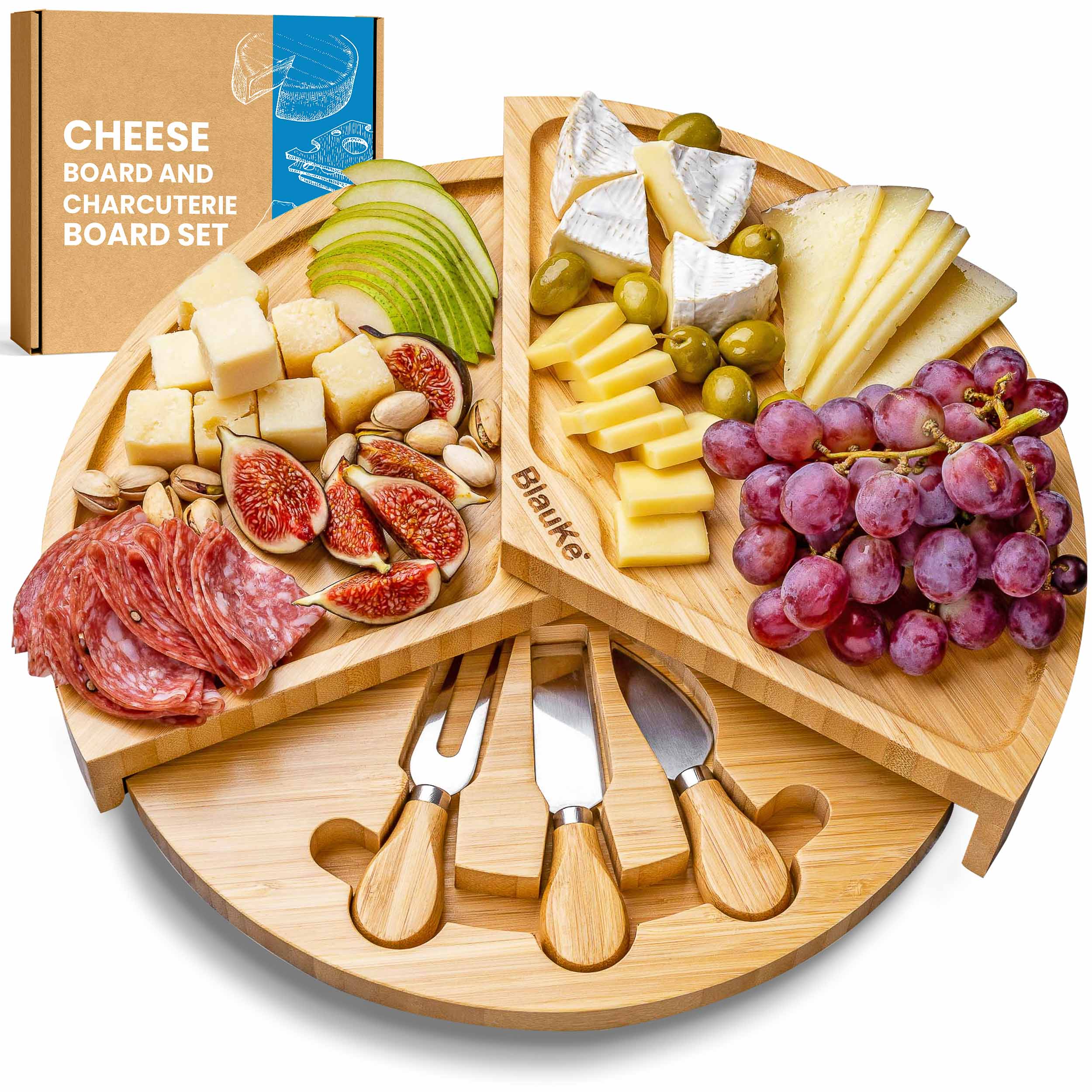 Premium Bamboo Charcuterie Board Set with Swivel & Slide-Out Drawer - Ultimate Cheese & Snack Serving Platter for Parties & Gifts