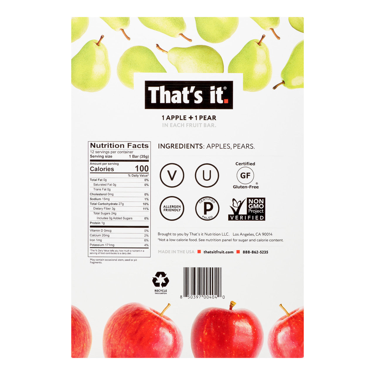 That’s It Apple + Pear Fruit Bar (12 x 1.2 oz) | 100% Real Fruit, High Fiber, No Added Sugar, Gluten-Free Snack