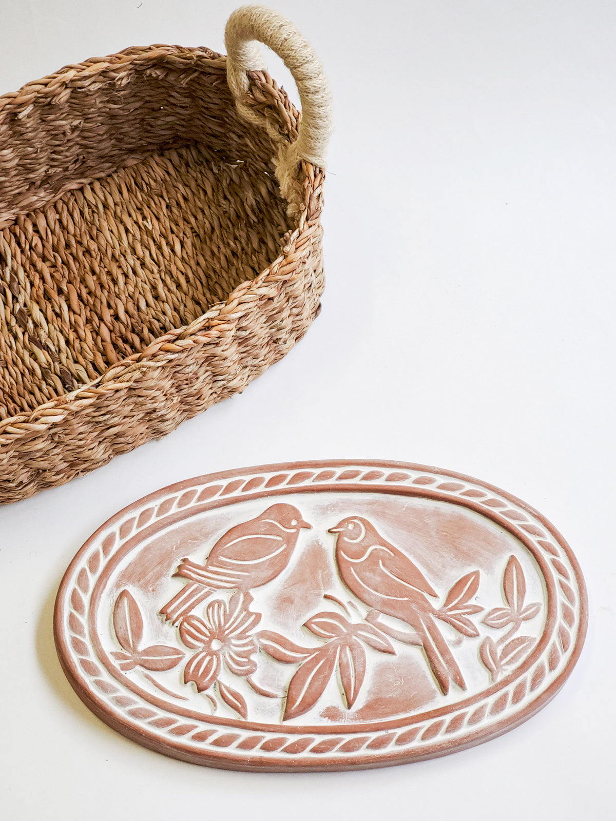 Terracotta Lovebirds Bread Warmer & Seagrass Basket Set