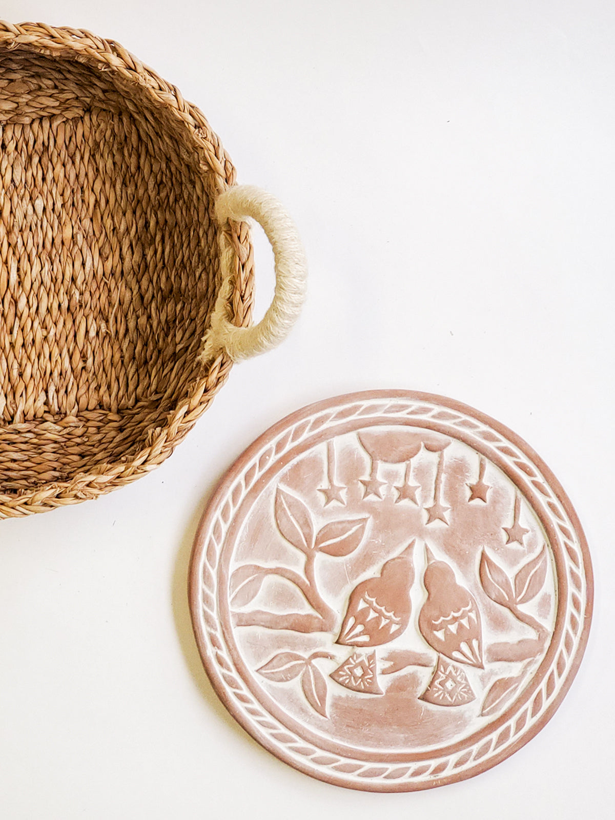 Rustic Lovebirds Terracotta Bread Warmer & Handwoven Seagrass Basket Set