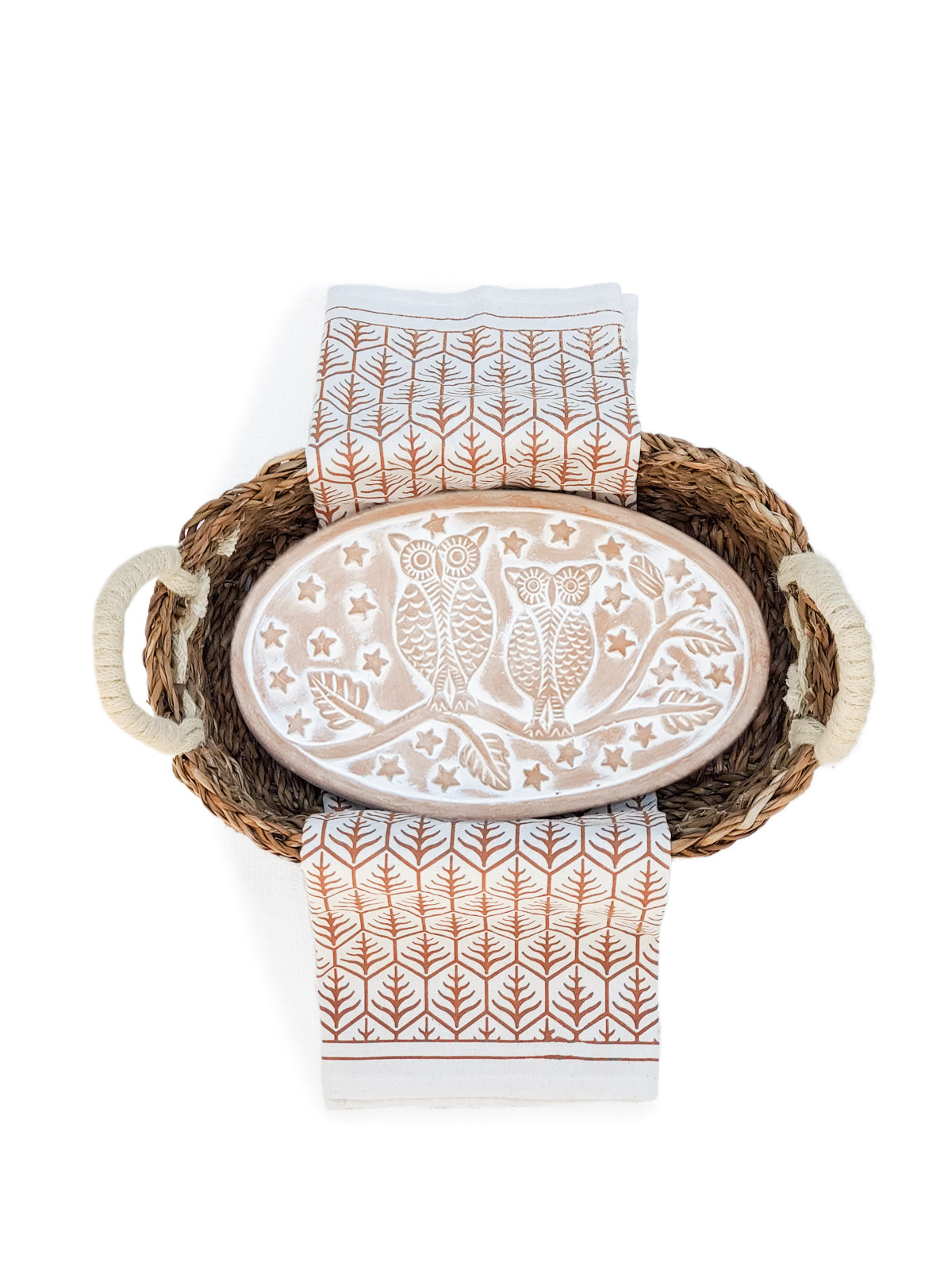 Artisan Owl Terracotta Bread Warmer & Seagrass Basket Set with Cotton Tea Towel - Handcrafted Kitchen Gift