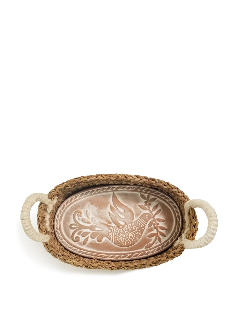 Eco-Friendly Terracotta Bird Design Bread Warmer & Handwoven Seagrass Basket Set