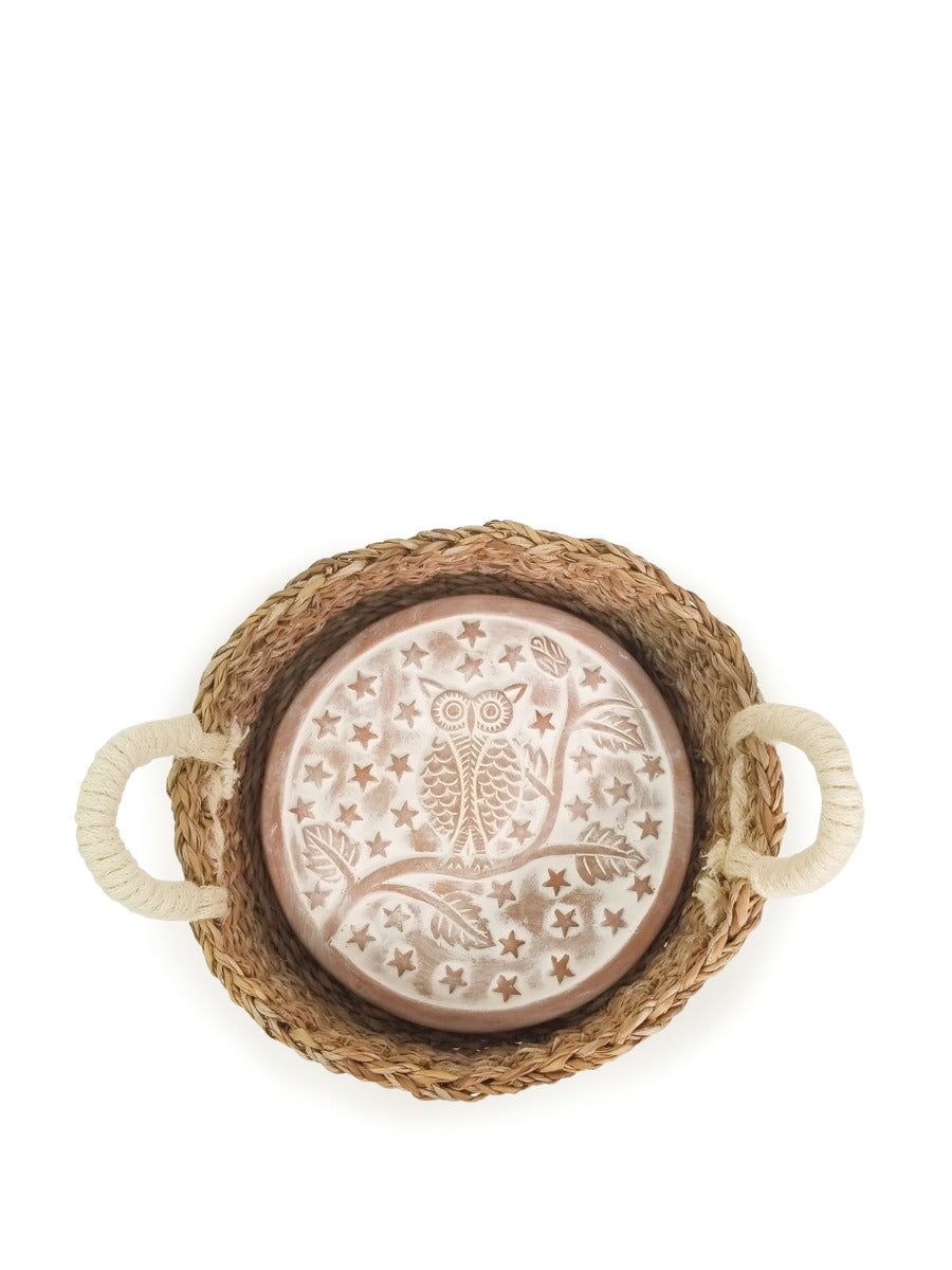 Terracotta Owl Bread Warmer & Handwoven Seagrass Basket Set