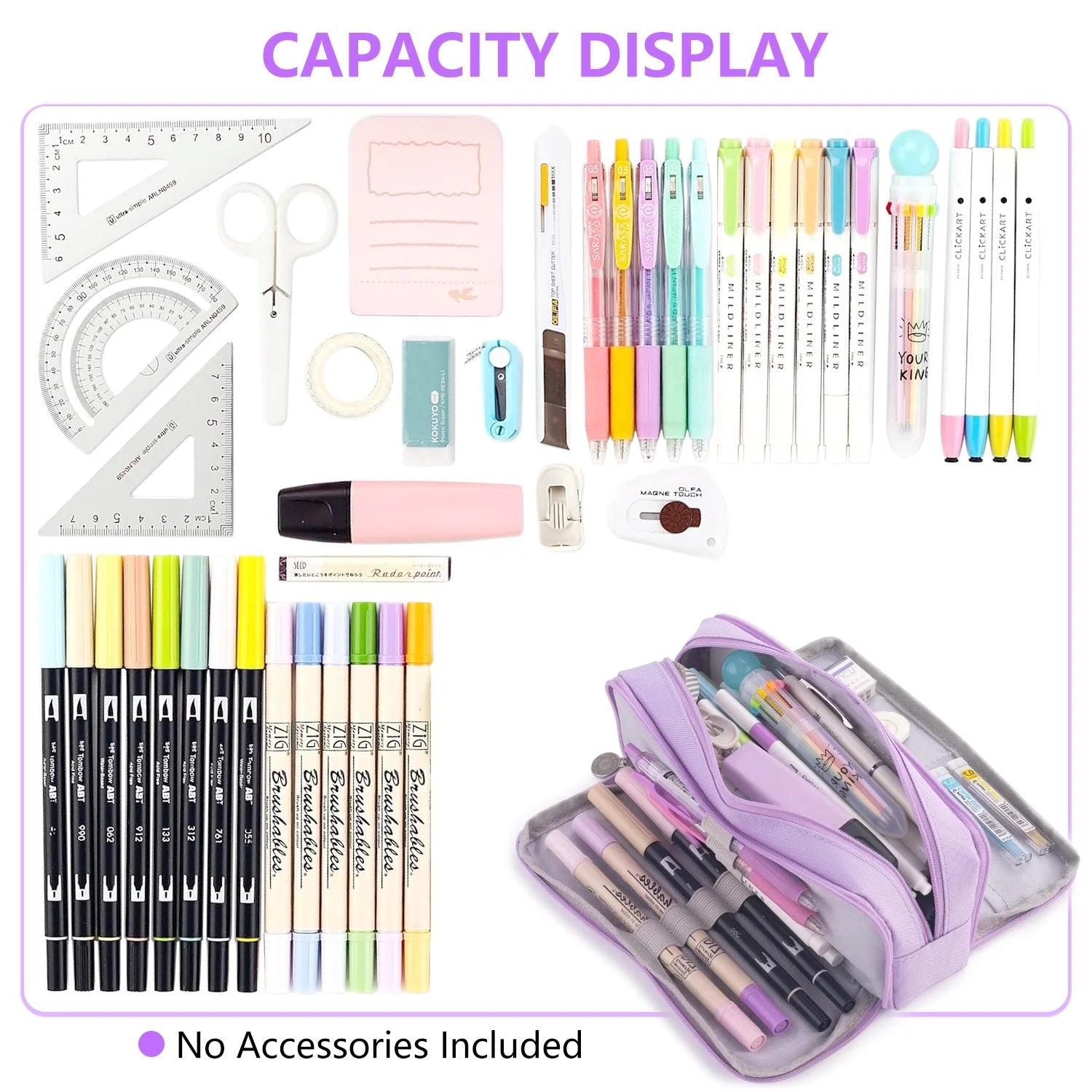 Rirool Large Capacity Pencil Case, 3 Zipper Compartments Pen Pouch for High School, College, Teachers, Office & Travel Use, Makeup Bag for Teens and Adults, Purple