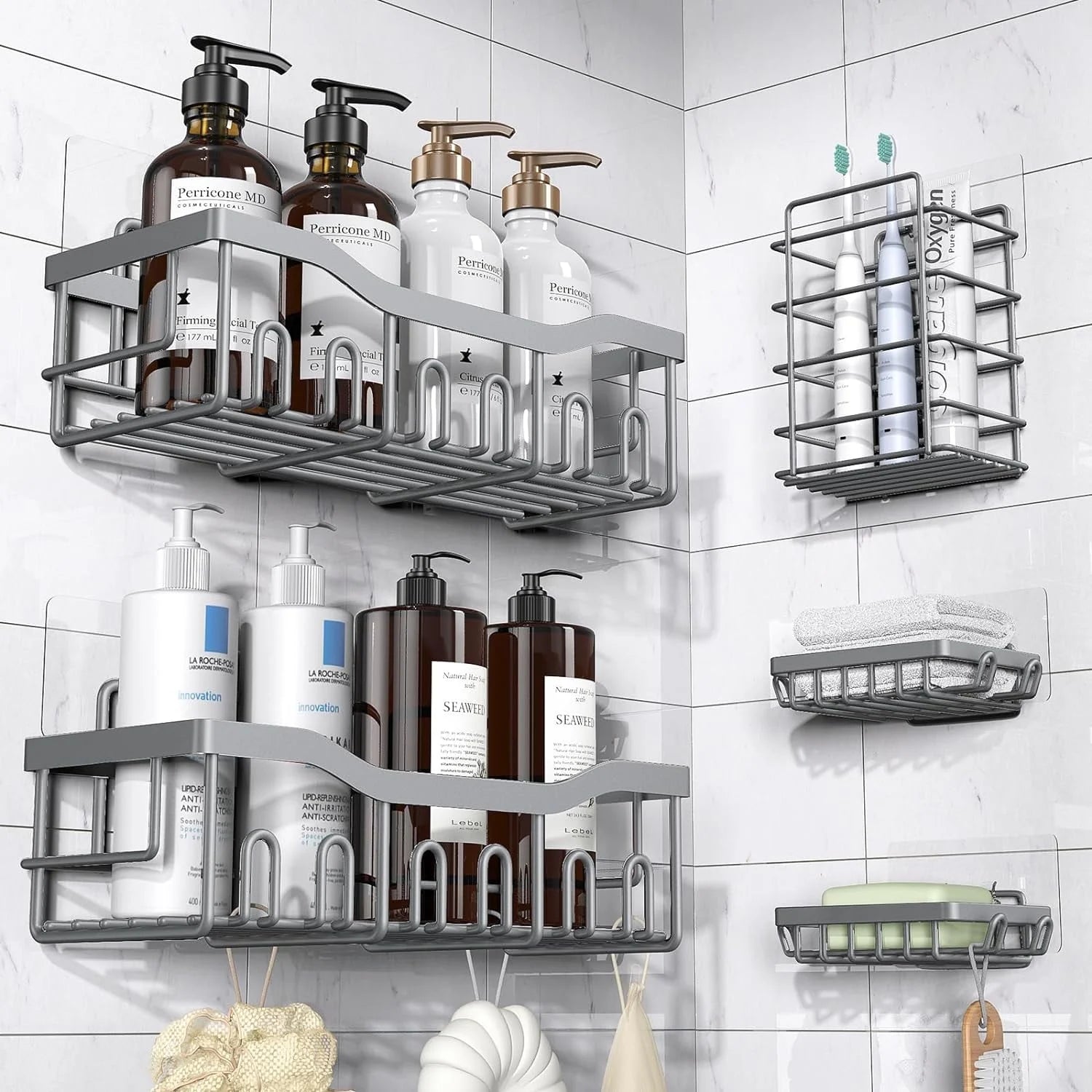 Shower Caddy, Shower Shelves 5 Pack, Adhesive Shower Organizer for Bathroom & Kitchen, No Drilling, Large Capacity, Rustproof SUS304 Stainless Steel Bathroom Organizer, Bathroom Accessories, Black