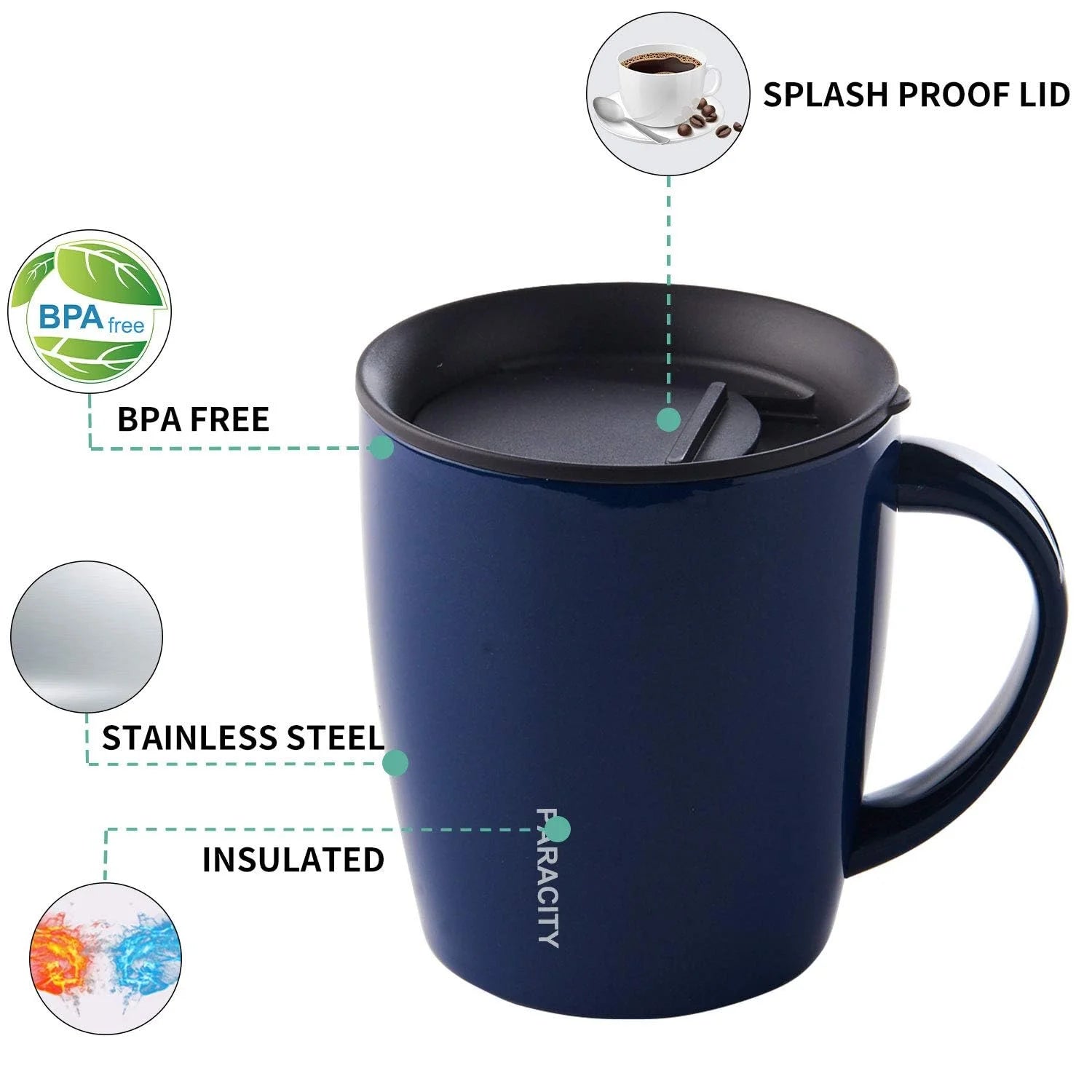 PARACITY 12Oz Insulated Coffee Mug Stainless Steel Coffee Mug with Lid Handle Double Wall Vacuum Travel Mug