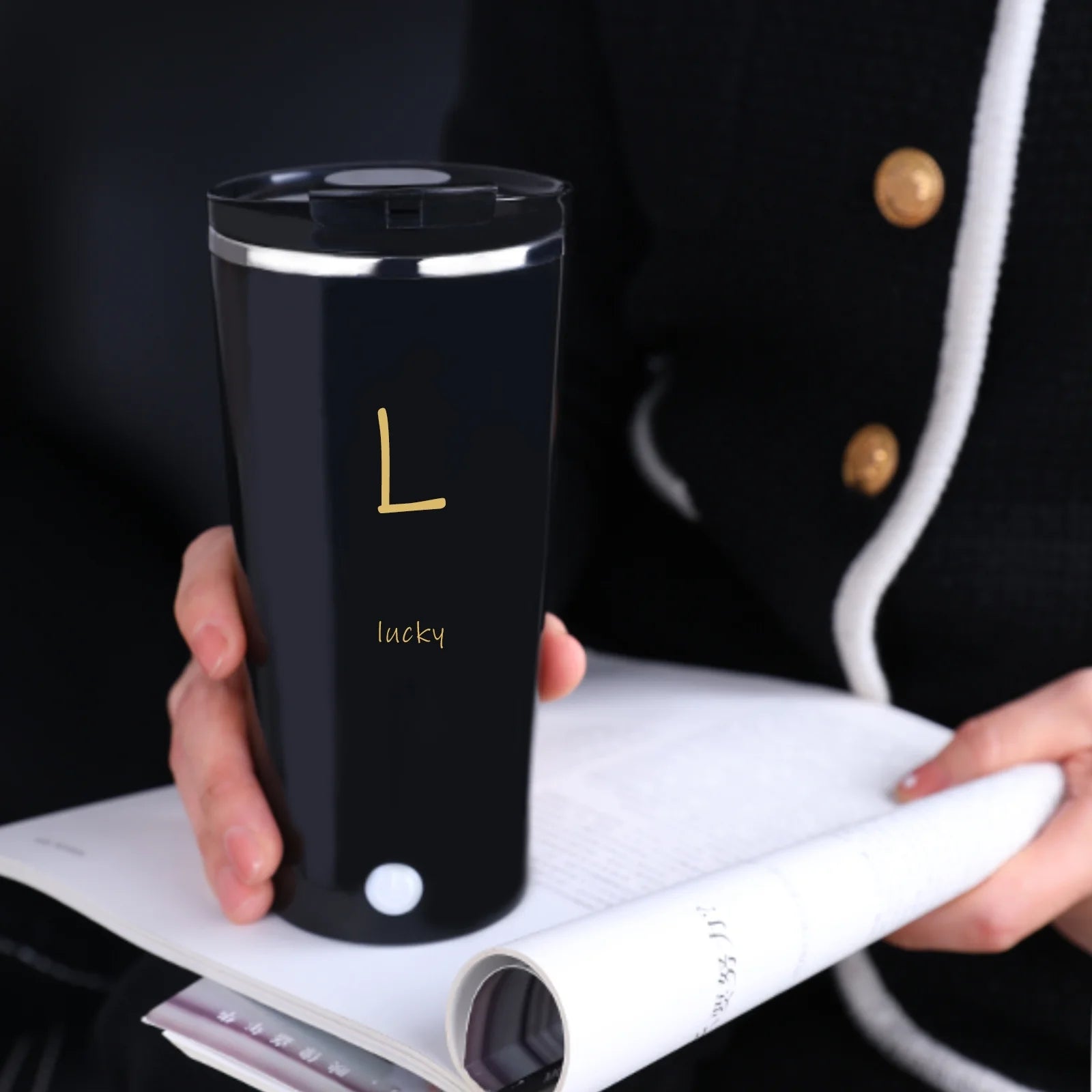 Daasigwaa Rechargeable Self Stirring Mug - Magnetic Electric Auto Mixing Stainless Steel Cup for Office/Kitchen/Travel/Home-400 Ml/13.5 Oz(White)