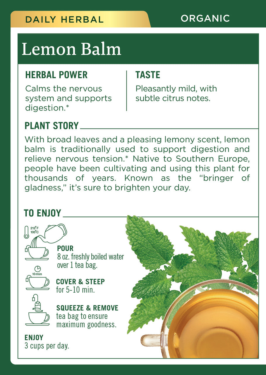 Traditional Medicinals Organic Lemon Balm Tea – Calming Herbal Tea (6x16 Bags)