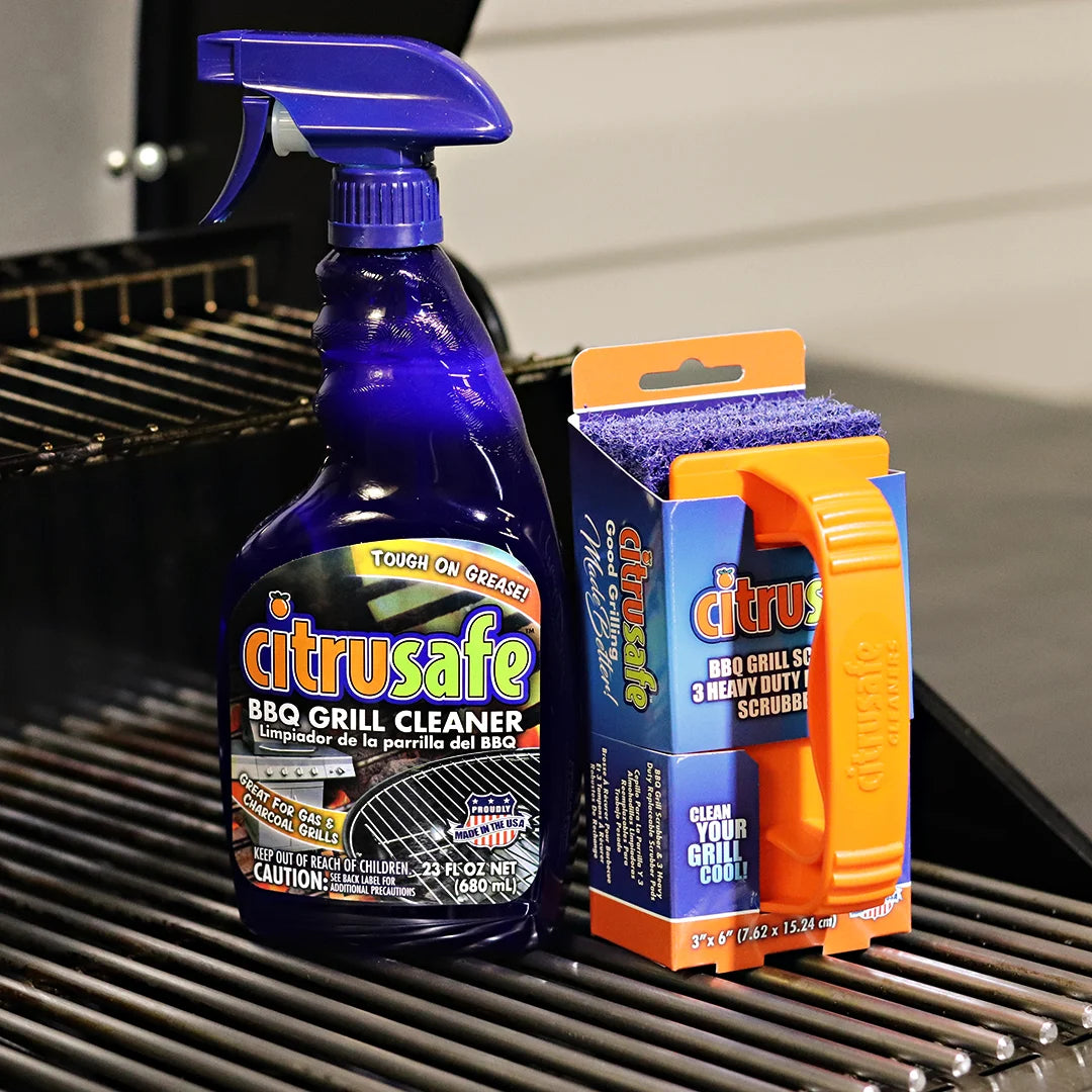 Citrusafe BBQ Grill Scrubber with Handle and 3 Heavy Duty Blue Nylon Pads