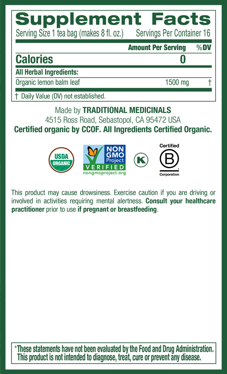 Traditional Medicinals Organic Lemon Balm Tea – Calming Herbal Tea (6x16 Bags)