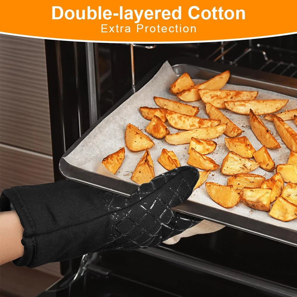 ZOUYUE Silicone Pot Holders and Oven Mitts Sets Kitchen Gloves Heat-Resistant Non-Slip for Baking Cooking Black 4 Pieces