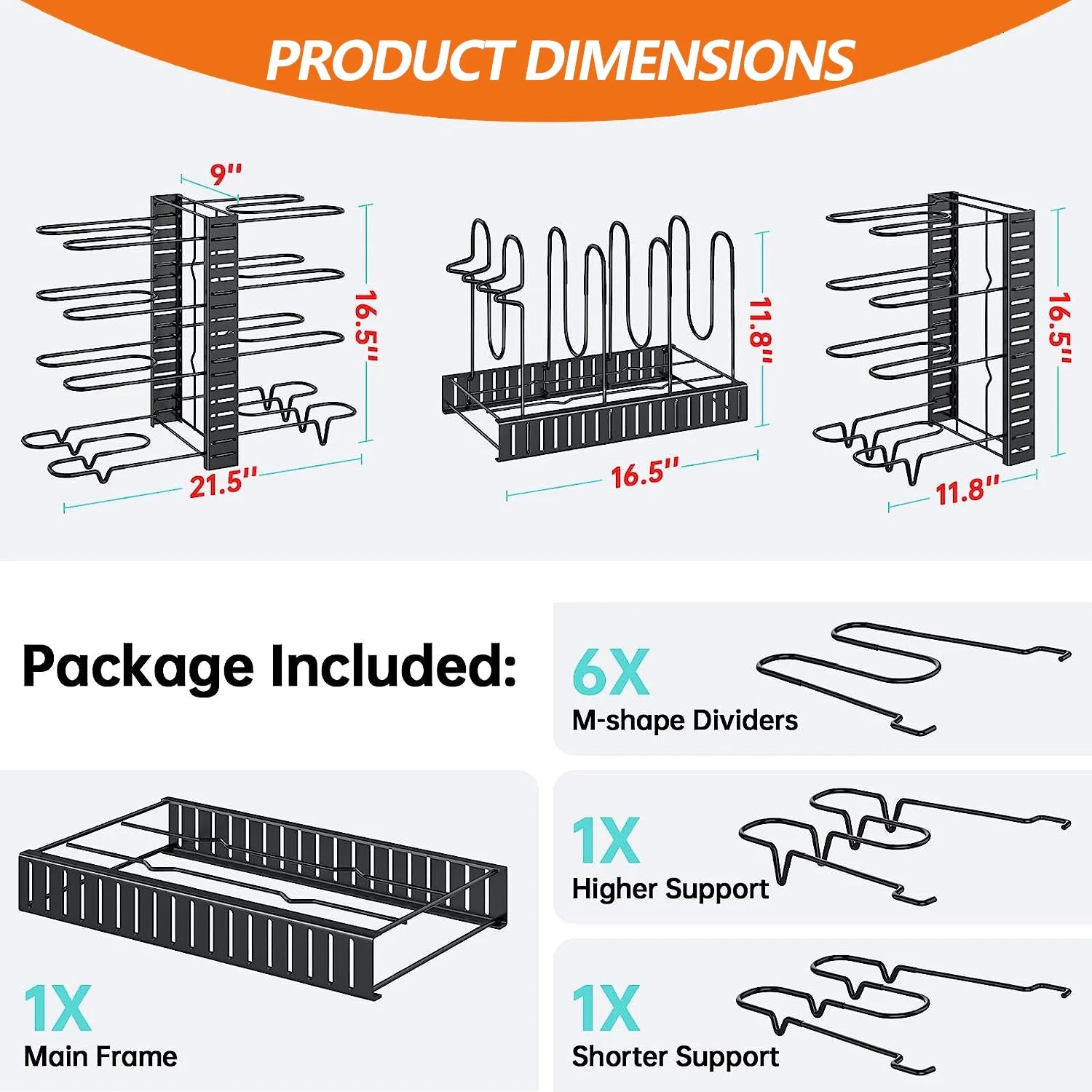 PHANCIR Pots and Pans Organizer Rack, 3 DIY Methods Adjustable 8-Tier Pot and Pan Rack, Metal Heavy Duty Organizer with Anti-Slip Silicone Pad for Cabinet Kitchen Organization Storage