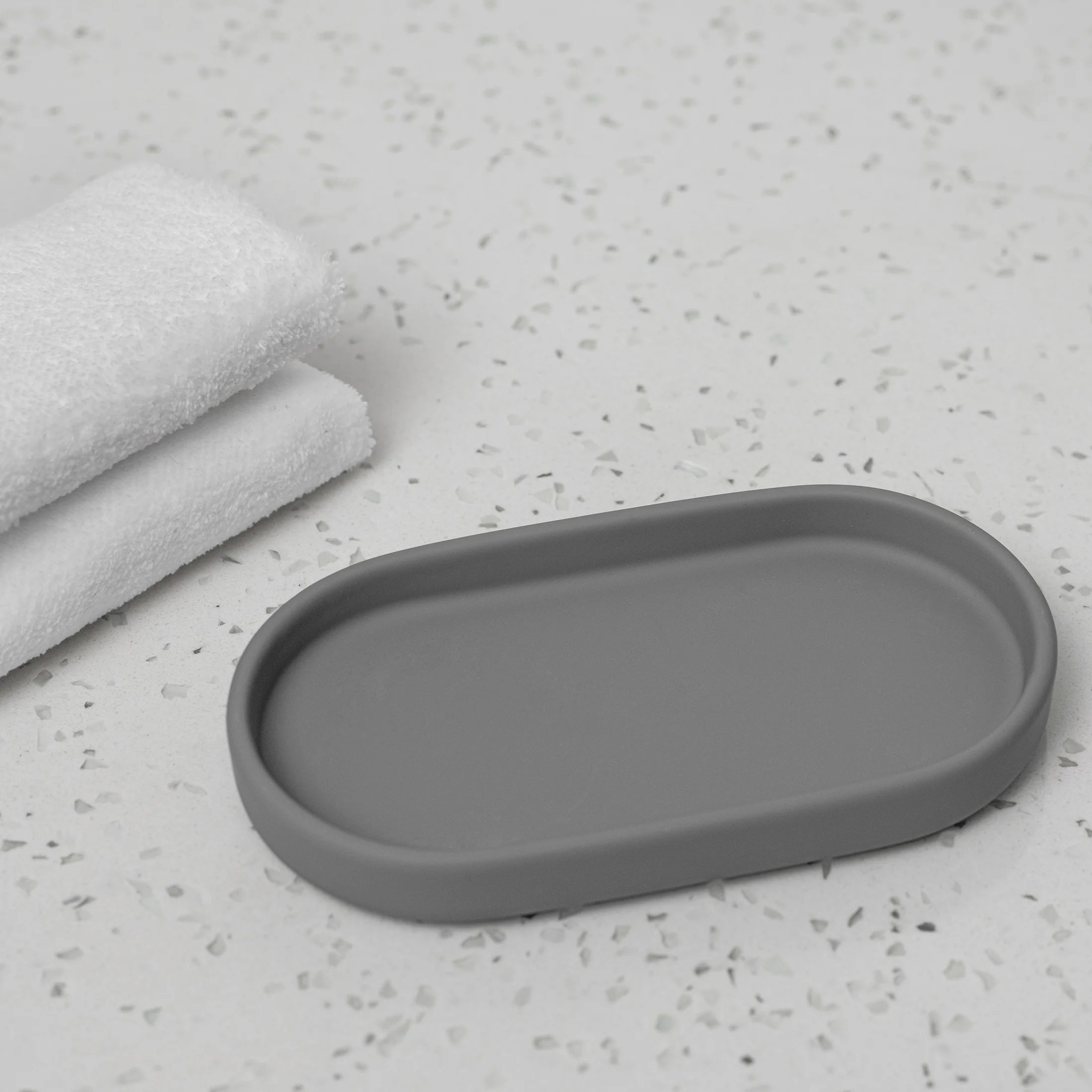 Mainstays Ceramic Stoneware Bath Accessories 3-Piece Set, Grey – Soap Pump Dispenser, Tumbler, and Accessory Tray