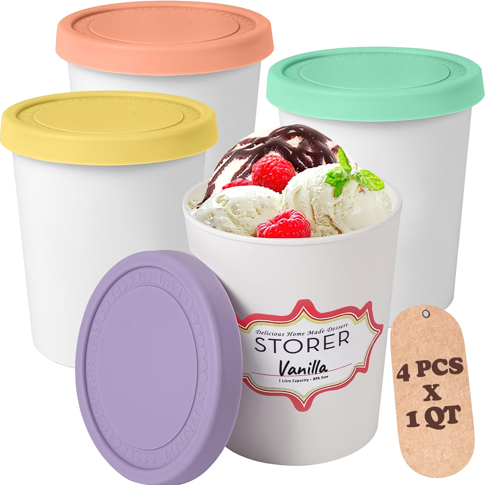 WALL QMER Premium Ice Cream Containers (4 Pack - 8 Ounces Each) Reusable Freezer Storage Tubs with Lids for Ice Cream, Sorbet and Gelato! 4 Colors
