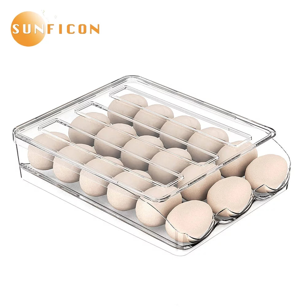 SUNFICON Large Capacity Auto Rolling Egg Holder for Refrigerator, Egg Fresh Storage Box for Fridge, Egg Storage Container Organizer Bin, Crystal Gray Plastic Storage Container (1 Layer)