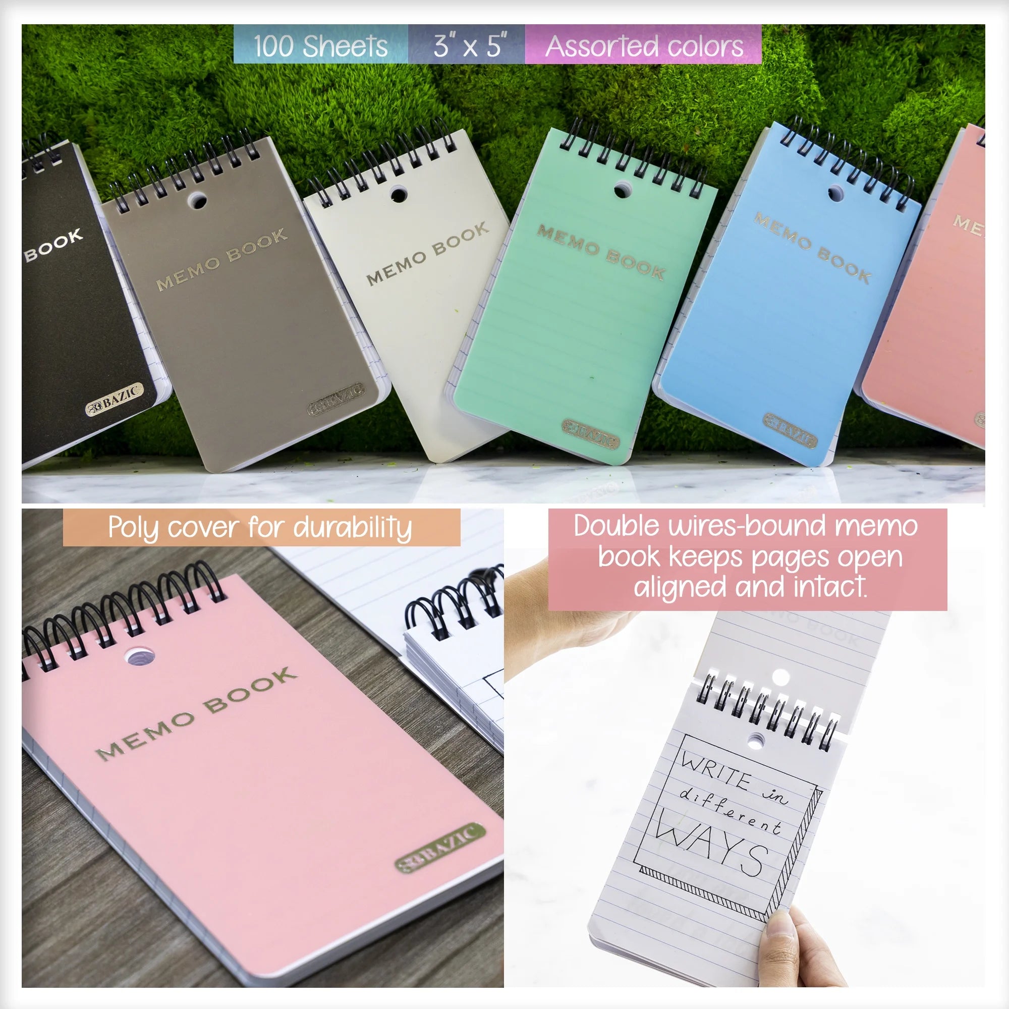 BAZIC Small Notebook Memo Book 3"X5" Spiral Pocket Size Pad, Pastel Color 100 Sheets, 6-Pack