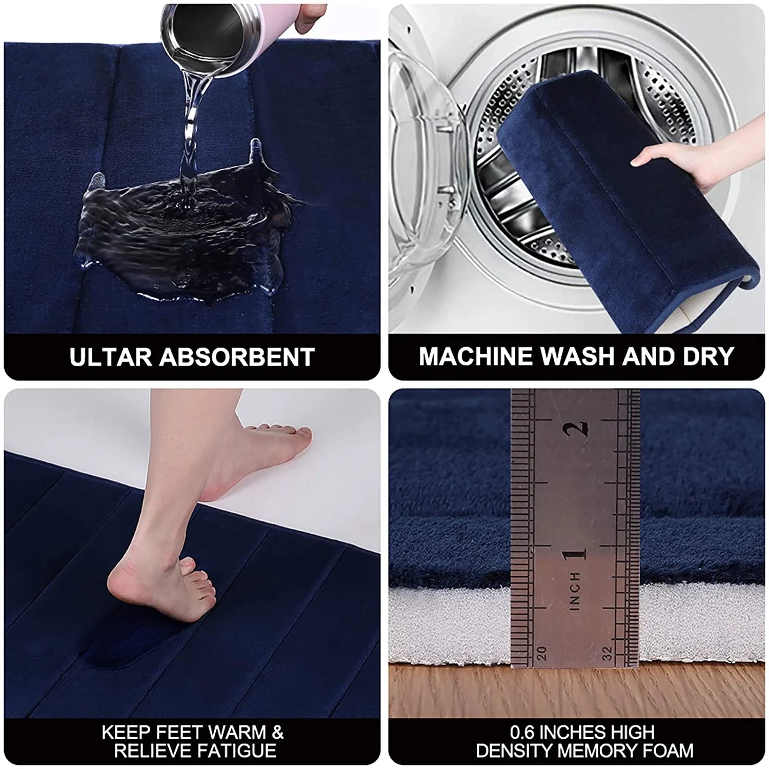 ZOUYUE Navy Blue Memory Foam Bath Rug, 16" X 24", Non-Slip