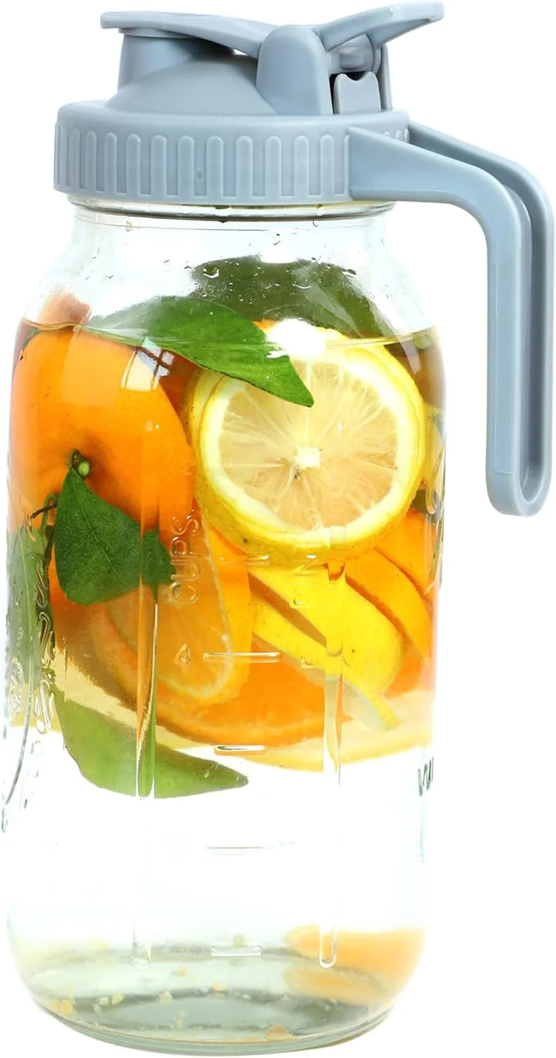 Mason Jar Pitcher with Pour Spout Lids & Handle 64 Oz Glass Wide Mouth Breastmilk Pitcher with Flip Cap 2 Quart for Fridge Iced Tea, Sun Tea, Juice, Coffee Lemonade Fruit Drinks Airtight Leak Proof
