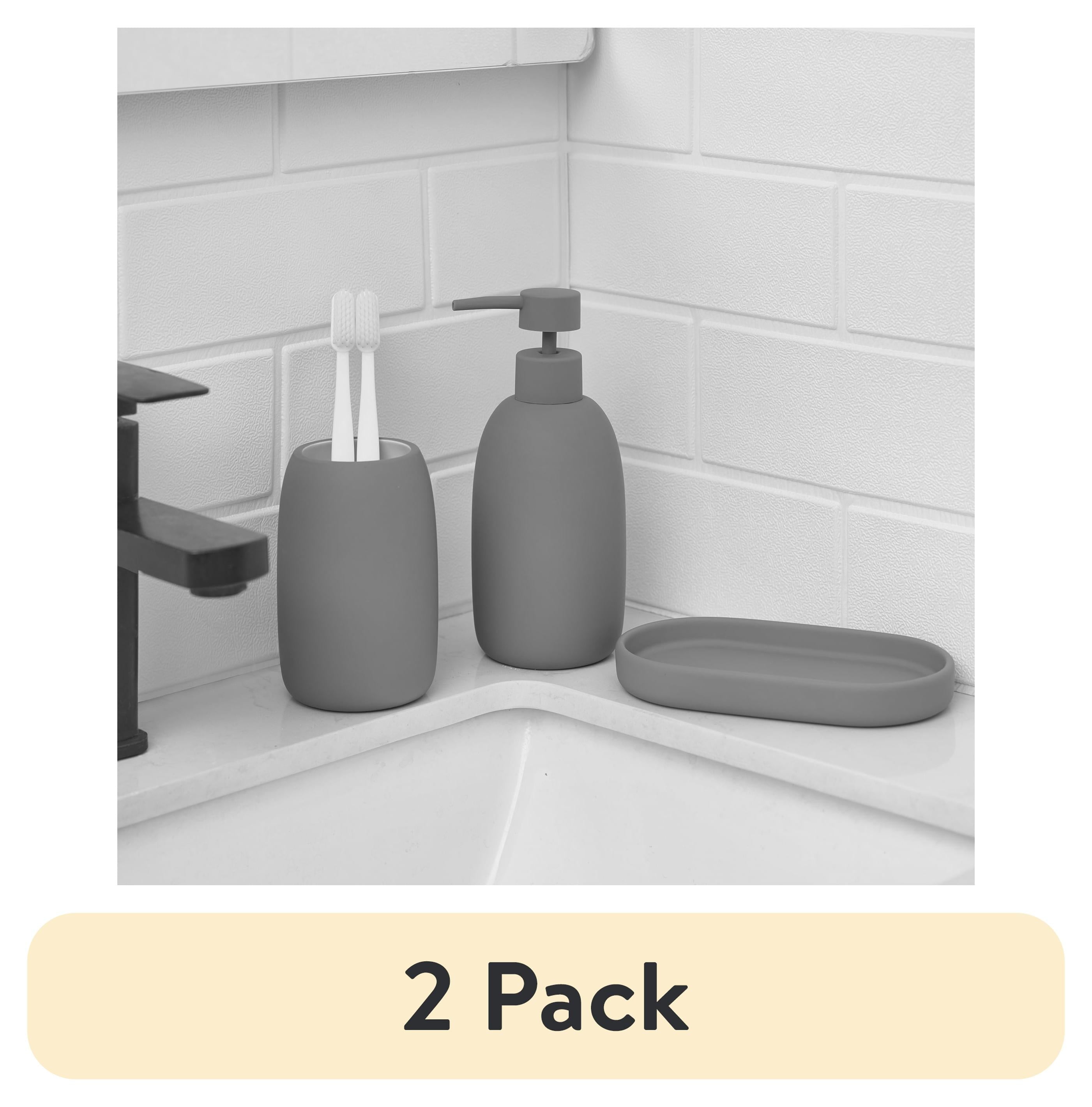 Mainstays Ceramic Stoneware Bath Accessories 3-Piece Set, Grey – Soap Pump Dispenser, Tumbler, and Accessory Tray
