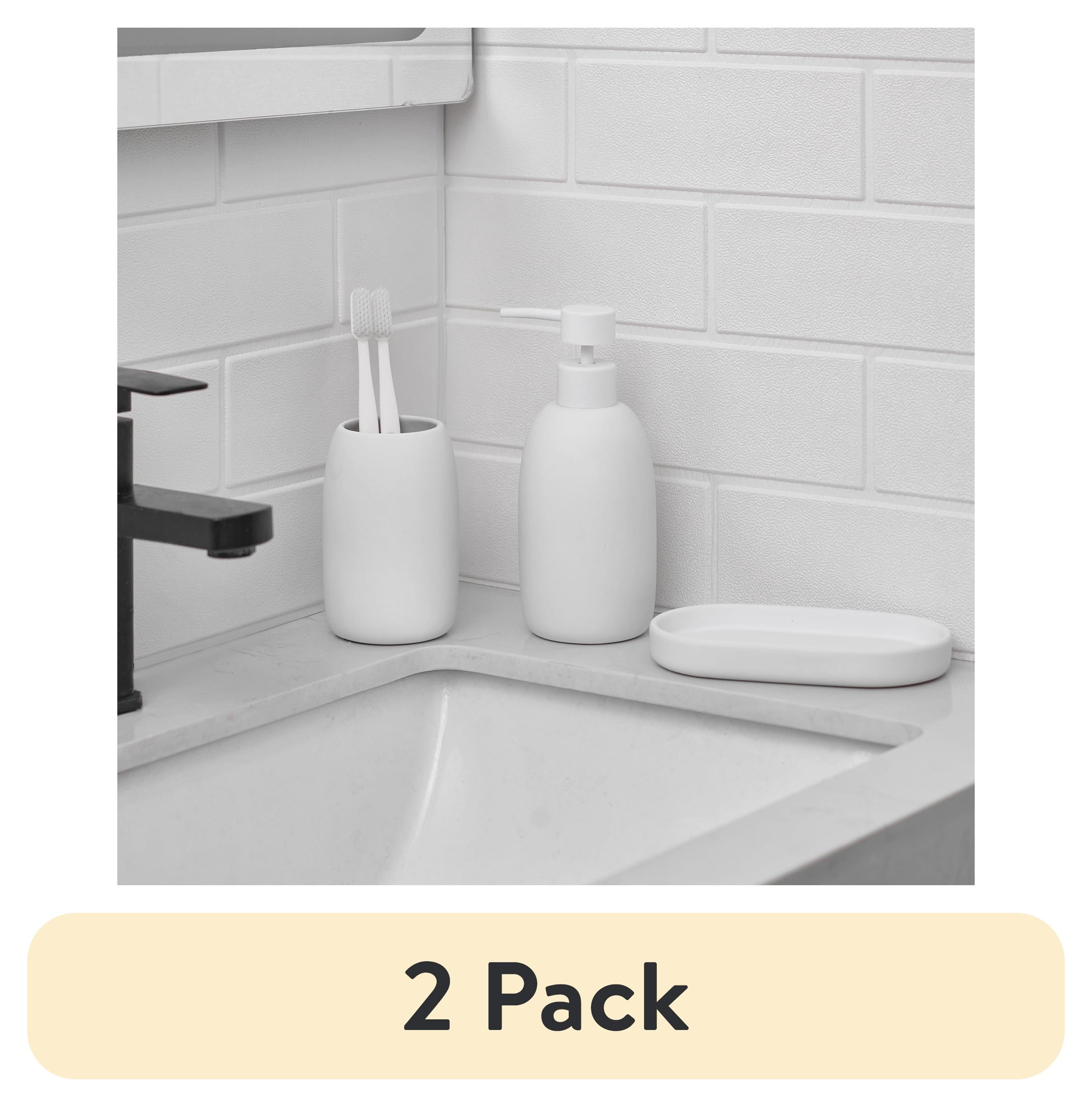Mainstays Ceramic Stoneware Bath Accessories 3-Piece Set, Grey – Soap Pump Dispenser, Tumbler, and Accessory Tray