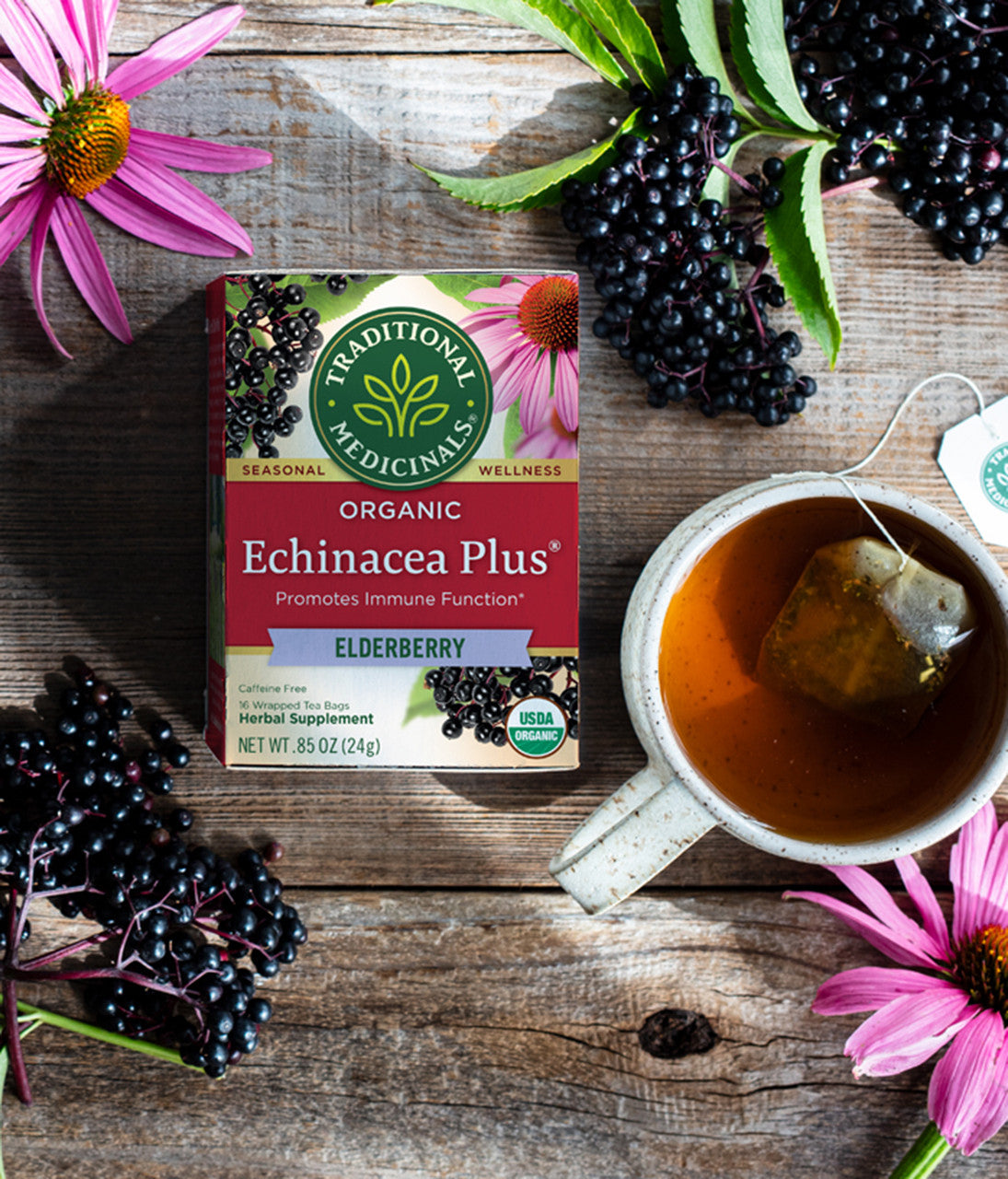 Traditional Medicinals Organic Echinacea Elder Tea – Herbal Immune Support with Elderberry (6x16 Bags)