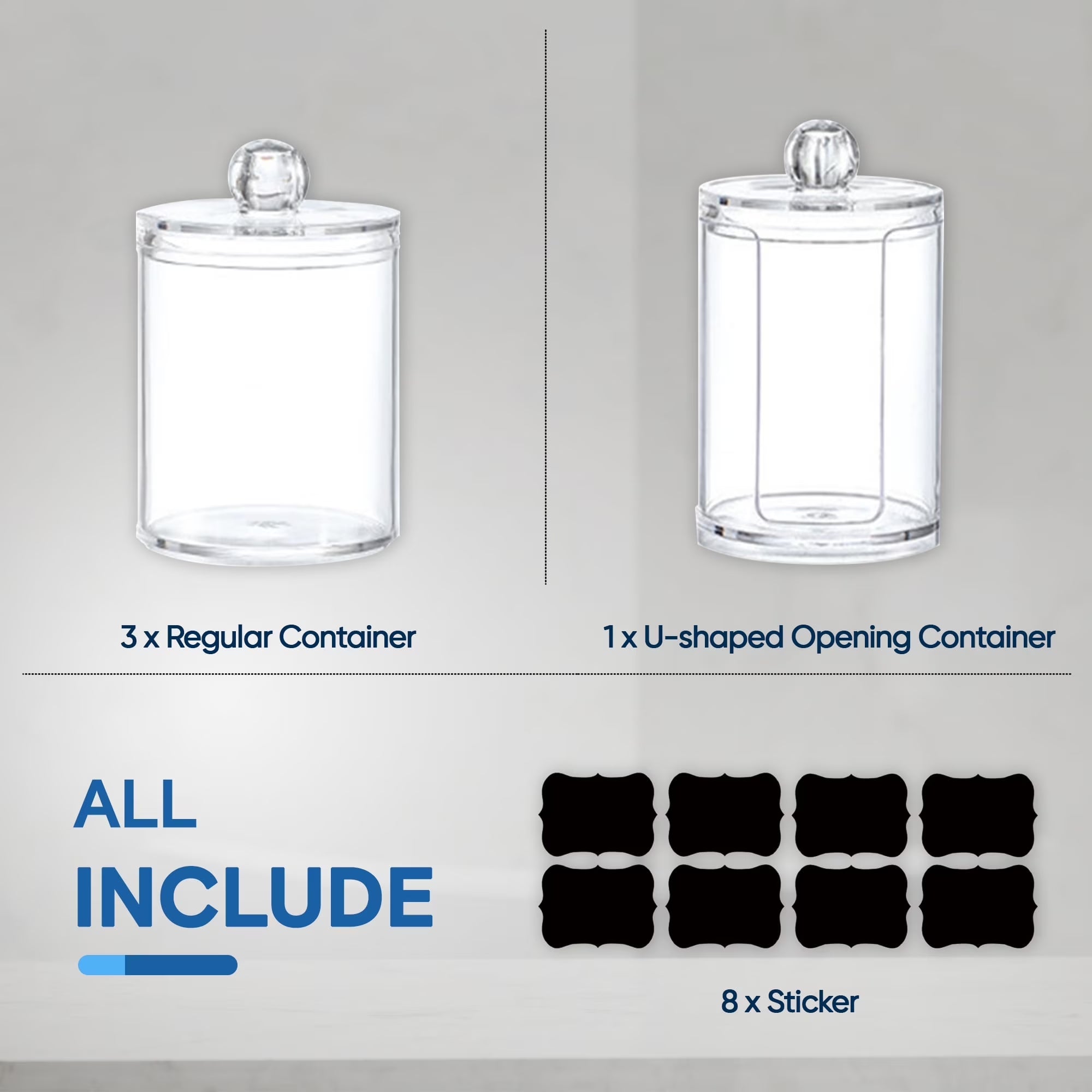 Vanity Jar Storage Set, Bathroom Organizer, Canister Jar, Clear Plastic Apothecary Cup with Lid, Qtip Holder, for Cotton Ball, Swab, round Pads, Q Tip, Floss, 10 Oz (4 Pack)