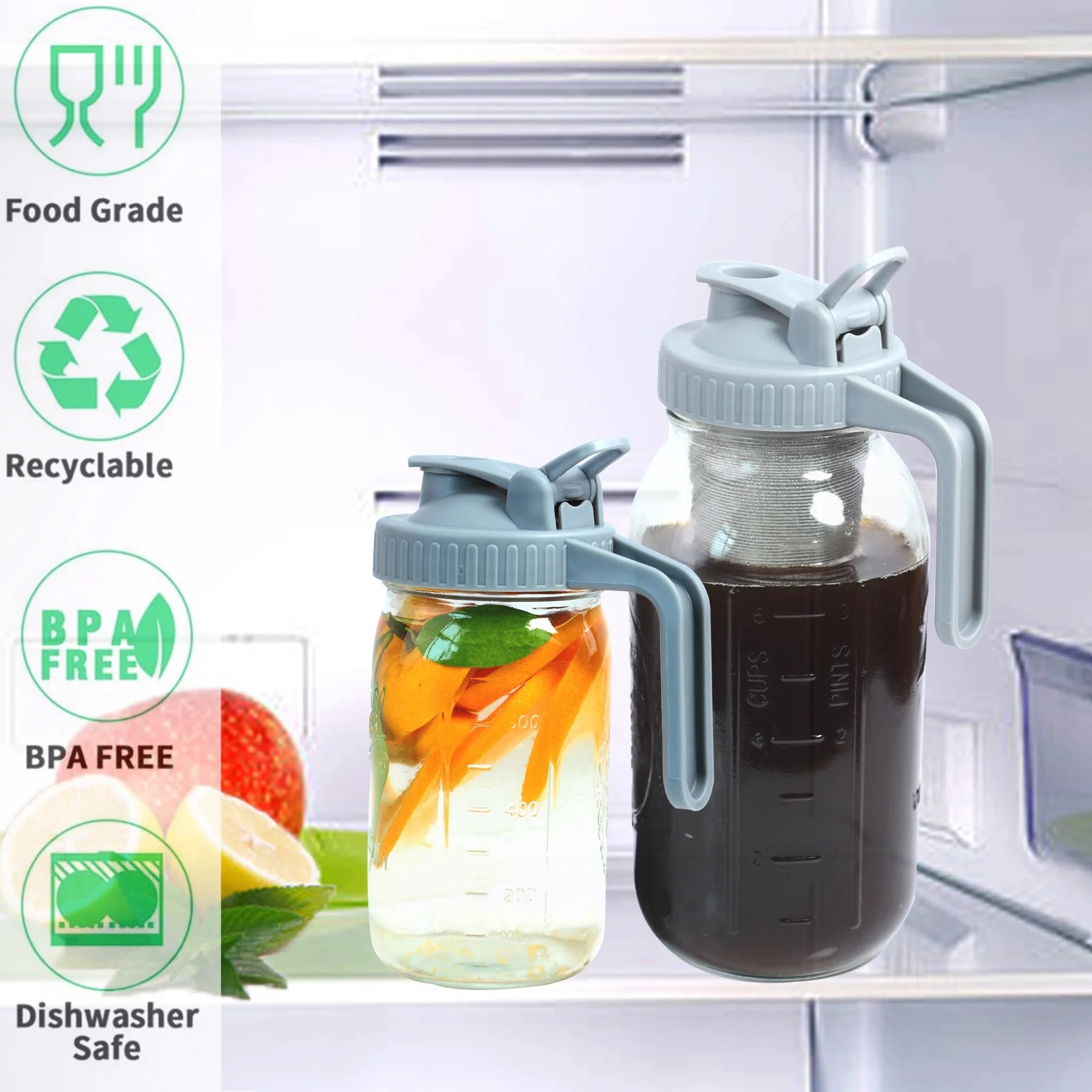 Mason Jar Pitcher with Pour Spout Lids & Handle 64 Oz Glass Wide Mouth Breastmilk Pitcher with Flip Cap 2 Quart for Fridge Iced Tea, Sun Tea, Juice, Coffee Lemonade Fruit Drinks Airtight Leak Proof