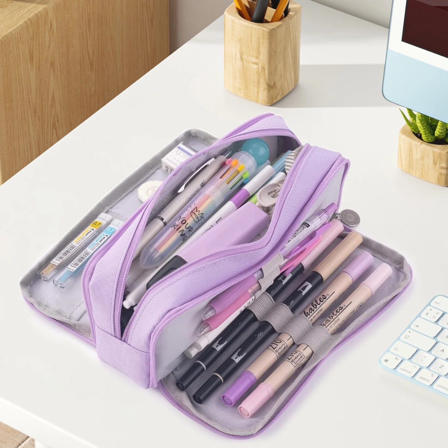 Rirool Large Capacity Pencil Case, 3 Zipper Compartments Pen Pouch for High School, College, Teachers, Office & Travel Use, Makeup Bag for Teens and Adults, Purple