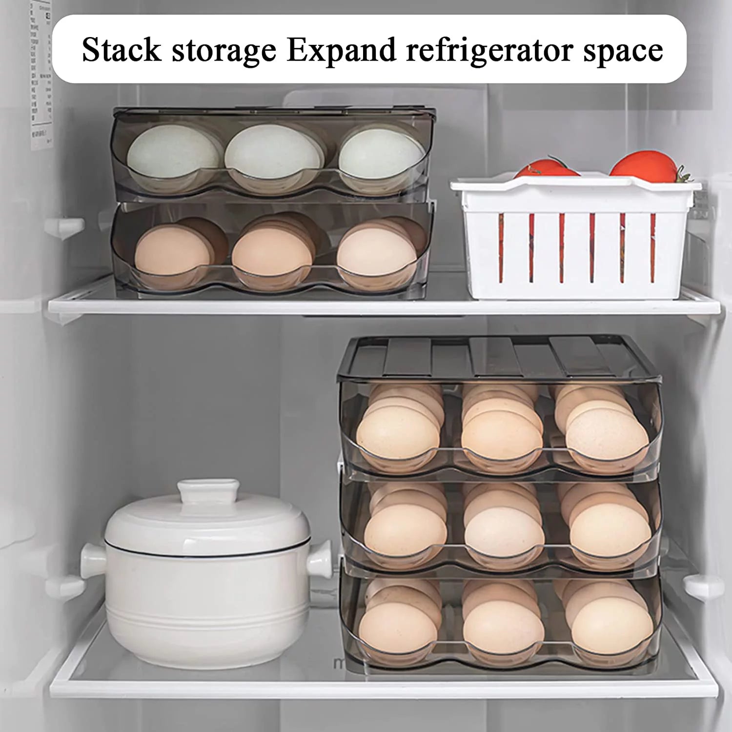 SUNFICON Large Capacity Auto Rolling Egg Holder for Refrigerator, Egg Fresh Storage Box for Fridge, Egg Storage Container Organizer Bin, Crystal Gray Plastic Storage Container (1 Layer)