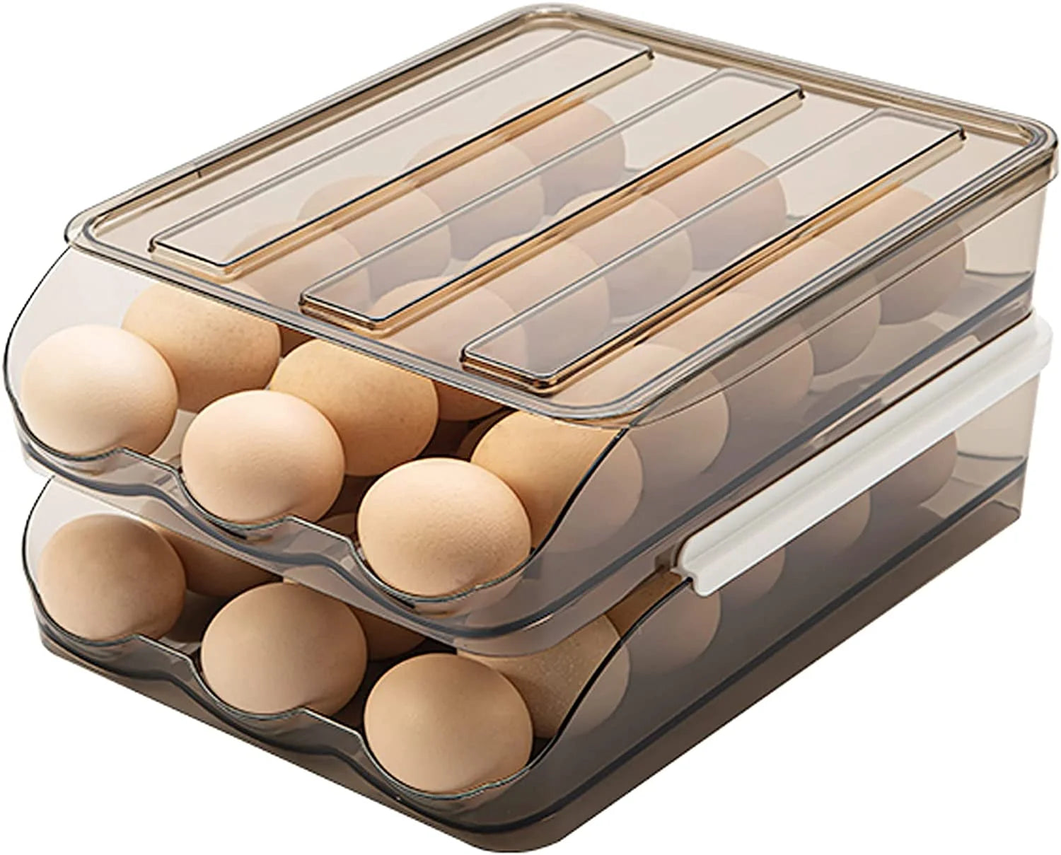 SUNFICON Large Capacity Auto Rolling Egg Holder for Refrigerator, Egg Fresh Storage Box for Fridge, Egg Storage Container Organizer Bin, Crystal Gray Plastic Storage Container (1 Layer)