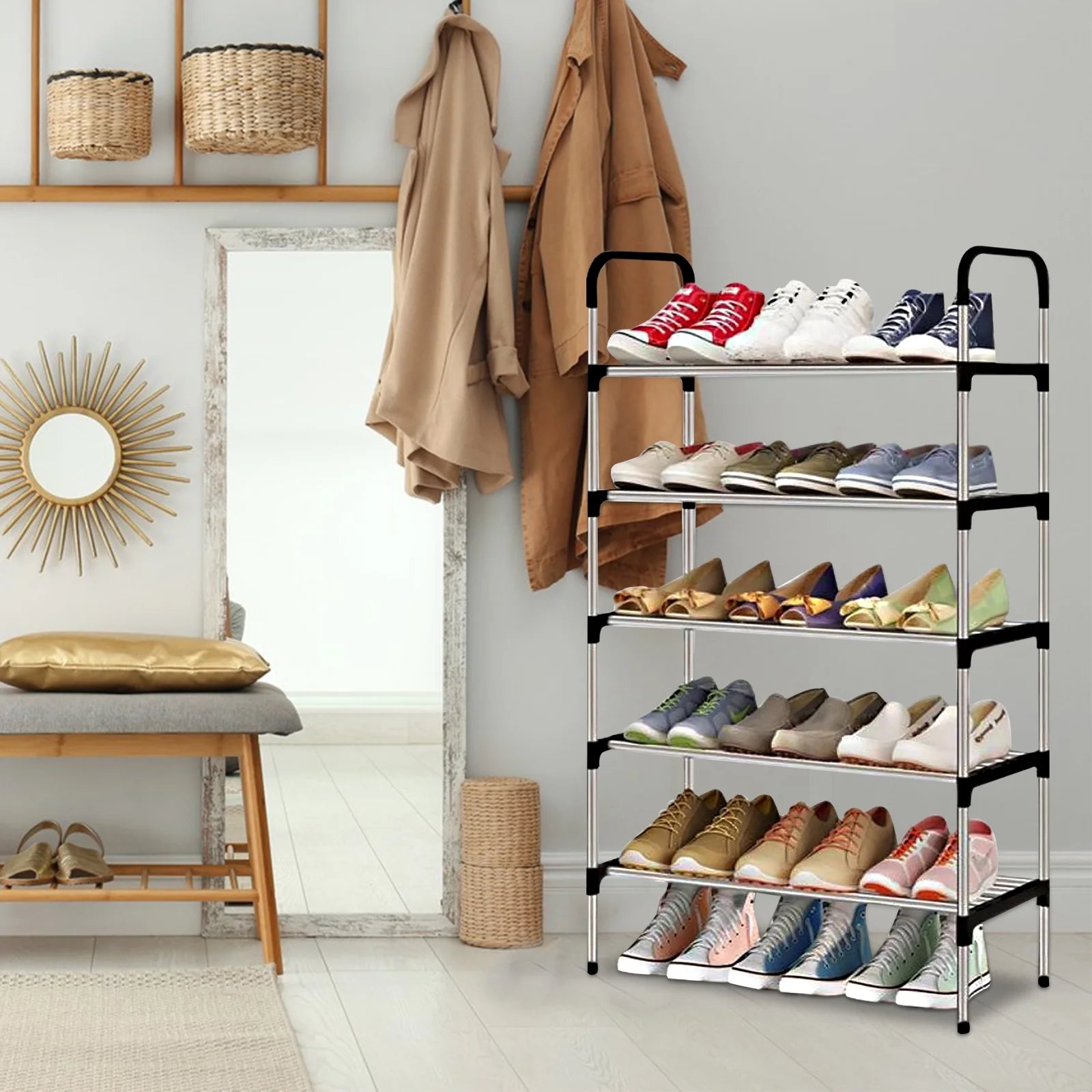 YOYTOO 5 Tier Shoe Rack, Stackable Metal 15 Pairs Shoes Organizer Storage Shelf for Closet Door Entryway