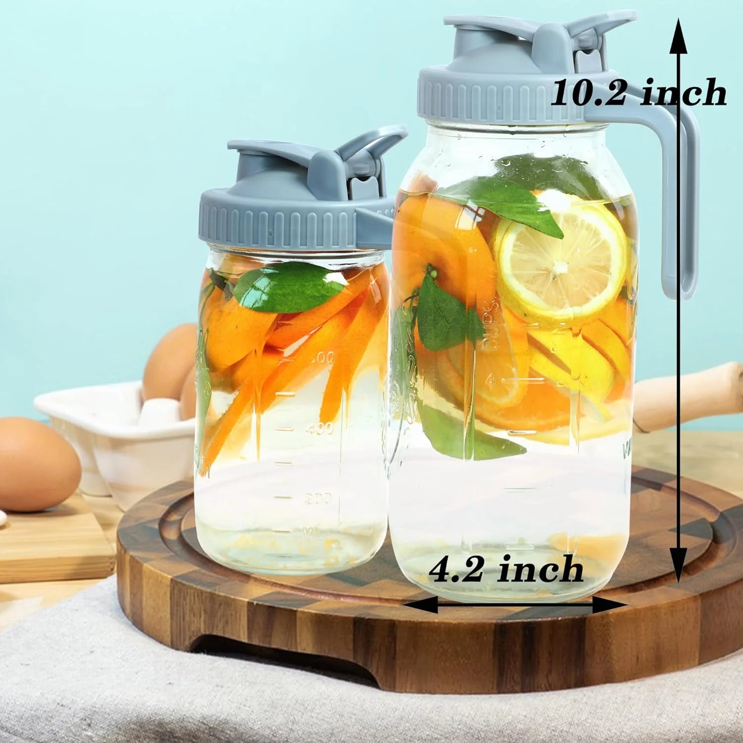 Mason Jar Pitcher with Pour Spout Lids & Handle 64 Oz Glass Wide Mouth Breastmilk Pitcher with Flip Cap 2 Quart for Fridge Iced Tea, Sun Tea, Juice, Coffee Lemonade Fruit Drinks Airtight Leak Proof