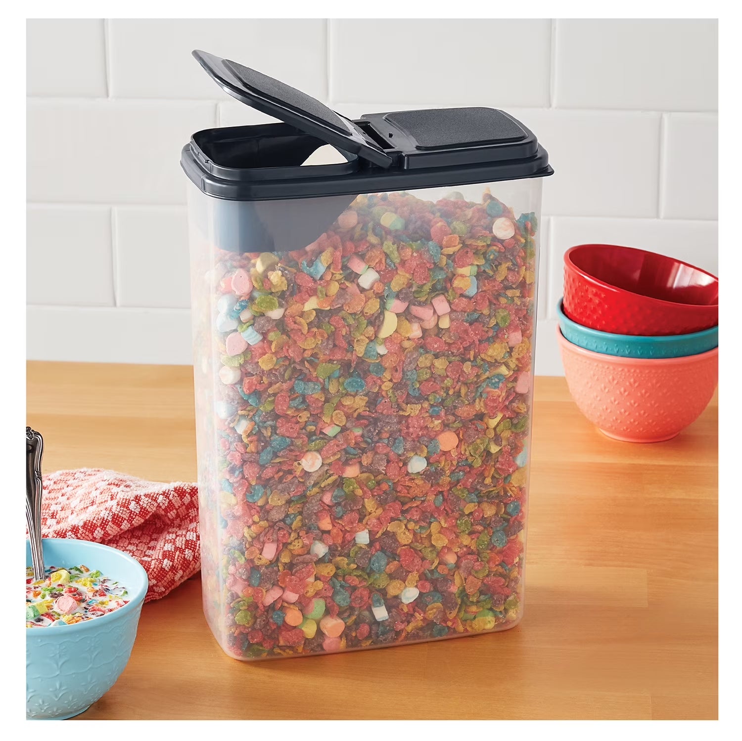 Mainstays Plastic Small Cereal Dispenser, Clear, Gray Lid, 16-Cups, Single, 7.25" X 4" X 11.25", Made for Pantry Organization and Food Storage