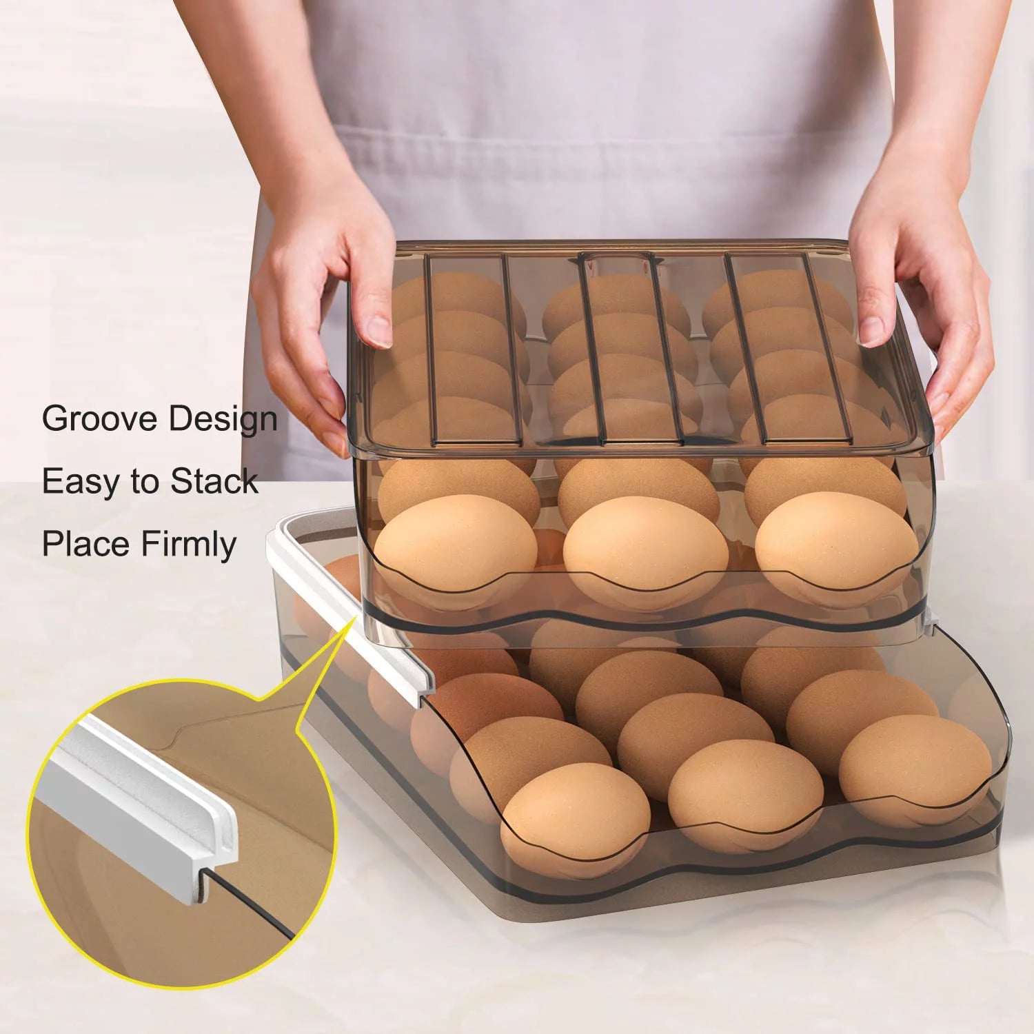 SUNFICON Large Capacity Auto Rolling Egg Holder for Refrigerator, Egg Fresh Storage Box for Fridge, Egg Storage Container Organizer Bin, Crystal Gray Plastic Storage Container (1 Layer)