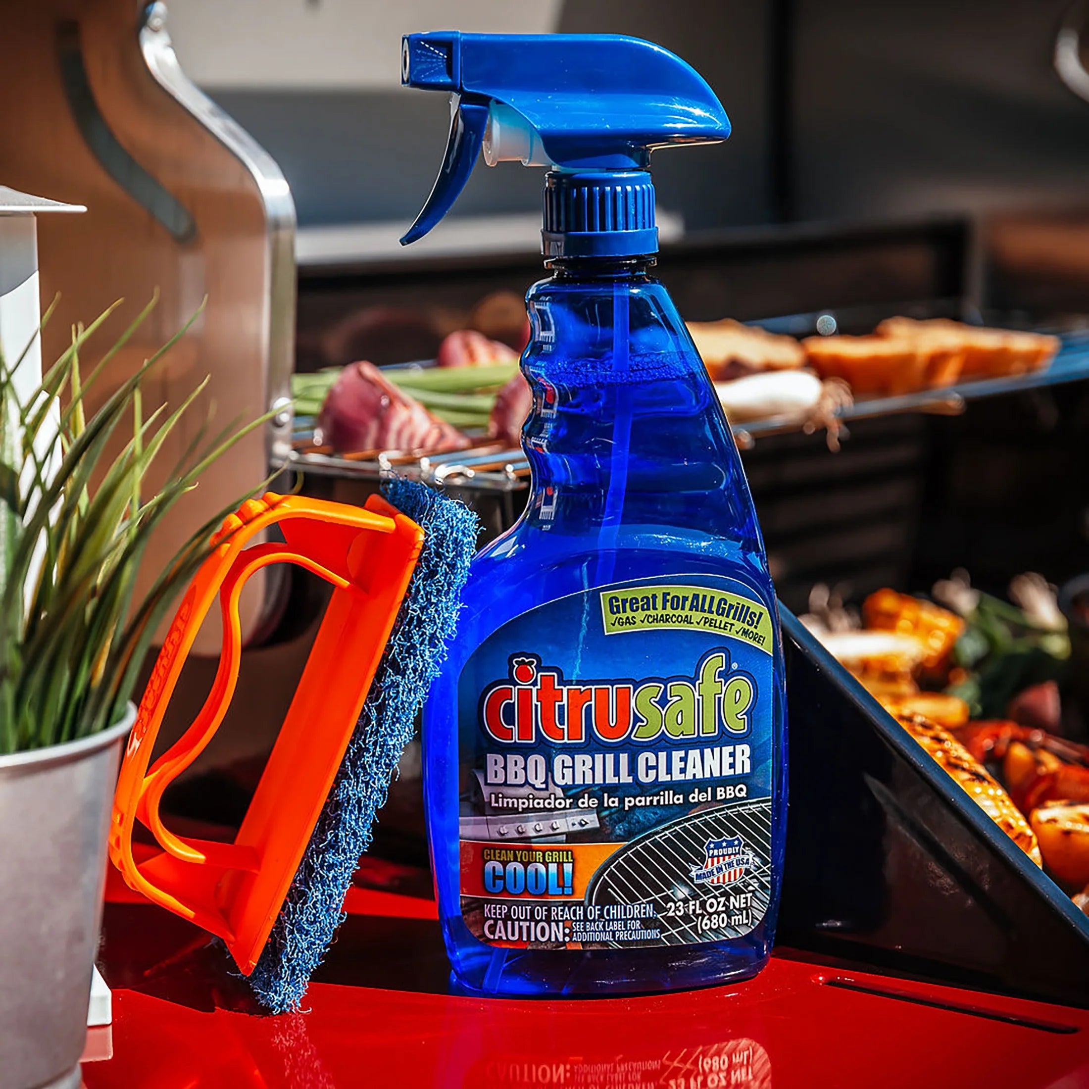 Citrusafe BBQ Grill Scrubber with Handle and 3 Heavy Duty Blue Nylon Pads
