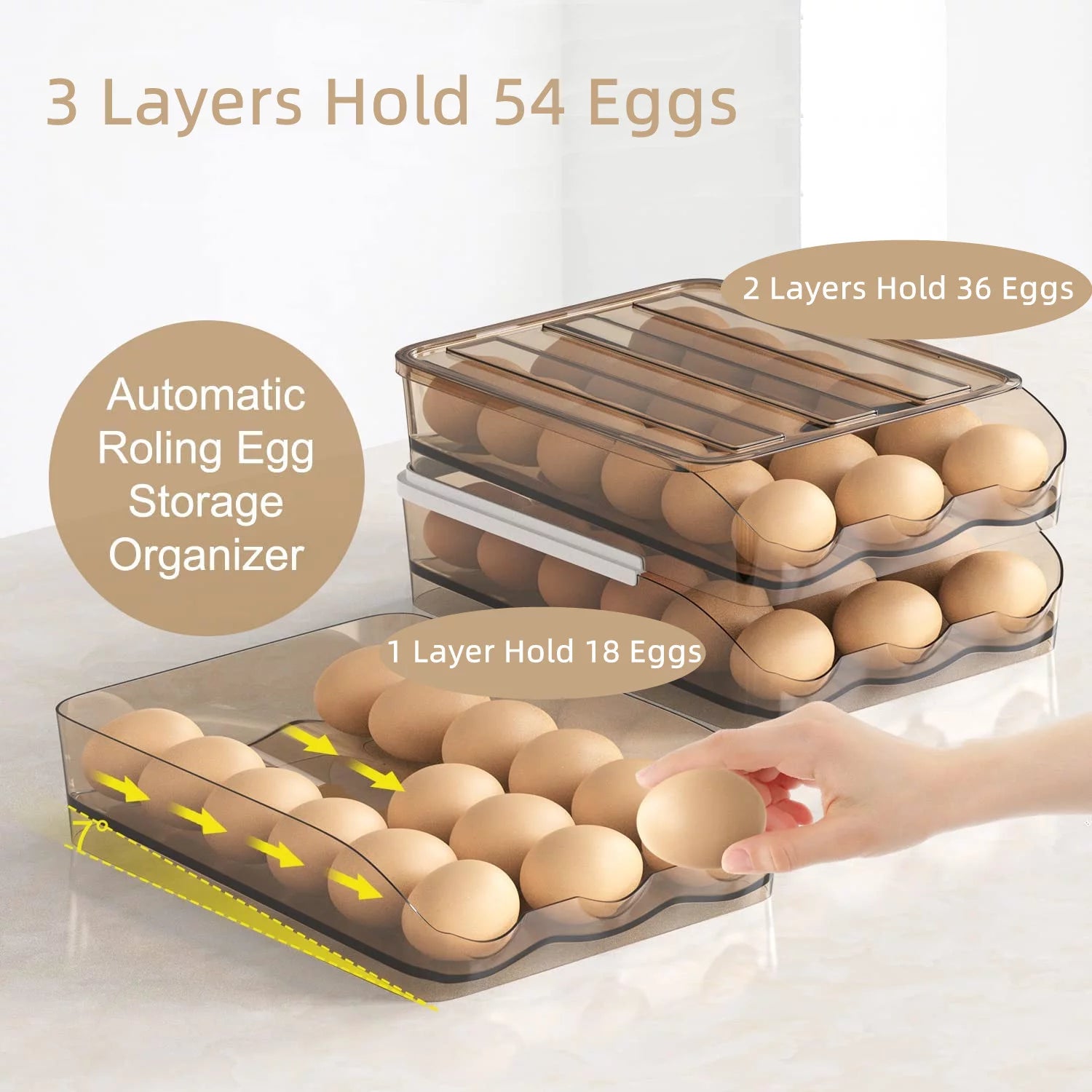 SUNFICON Large Capacity Auto Rolling Egg Holder for Refrigerator, Egg Fresh Storage Box for Fridge, Egg Storage Container Organizer Bin, Crystal Gray Plastic Storage Container (1 Layer)