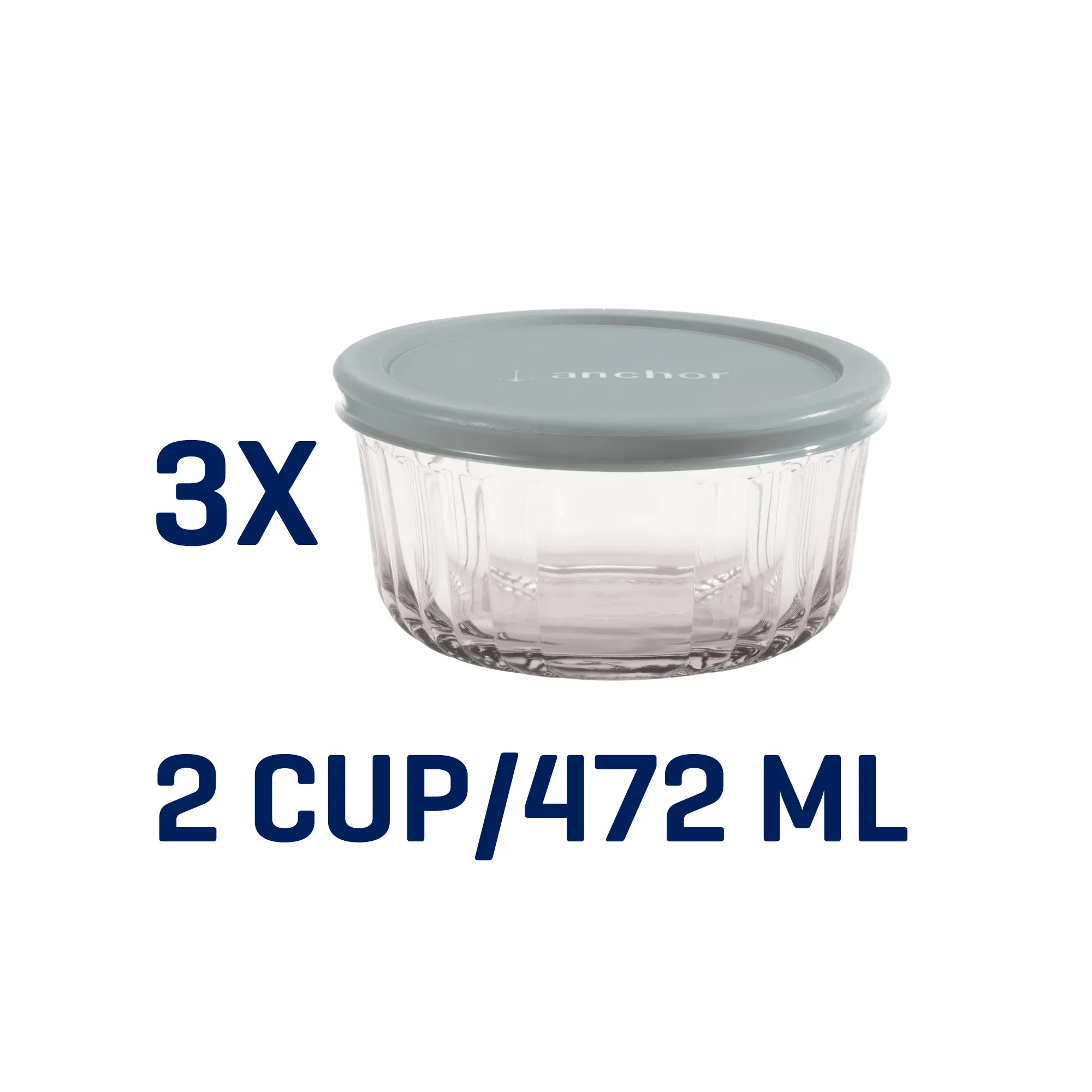 Anchor Hocking Sculpted Glass Food Storage Container with Lids, 2 Cup Round, Set of 3