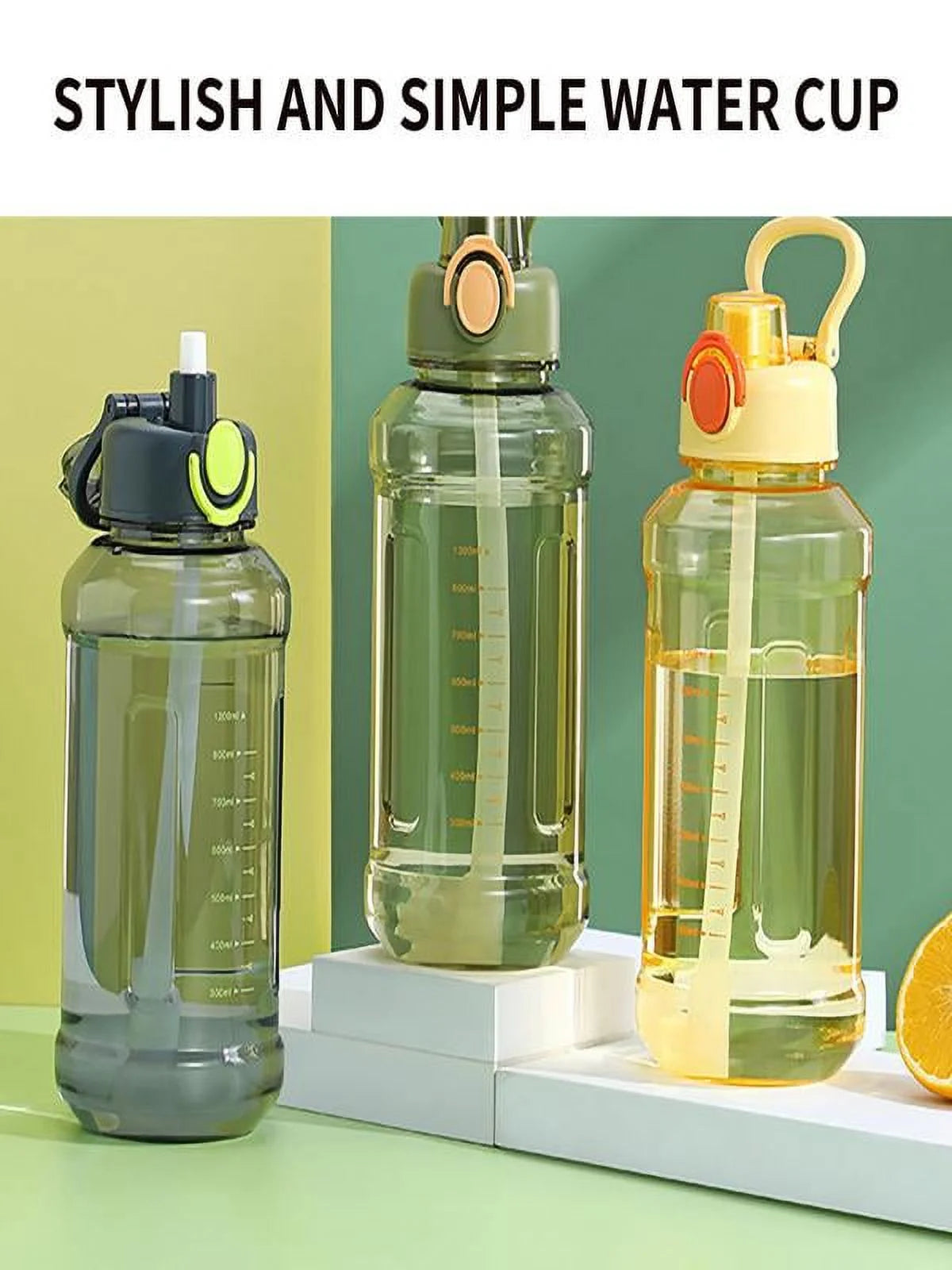 AURIGATE 850Ml Water Bottle with Straw,Half Gallon Wide Mouth Portable Large Plastic Bottle Leak Proof Sports Cup Big Travel Mugs with Scale Strap,Volume 0.23 Gal/28.7Oz