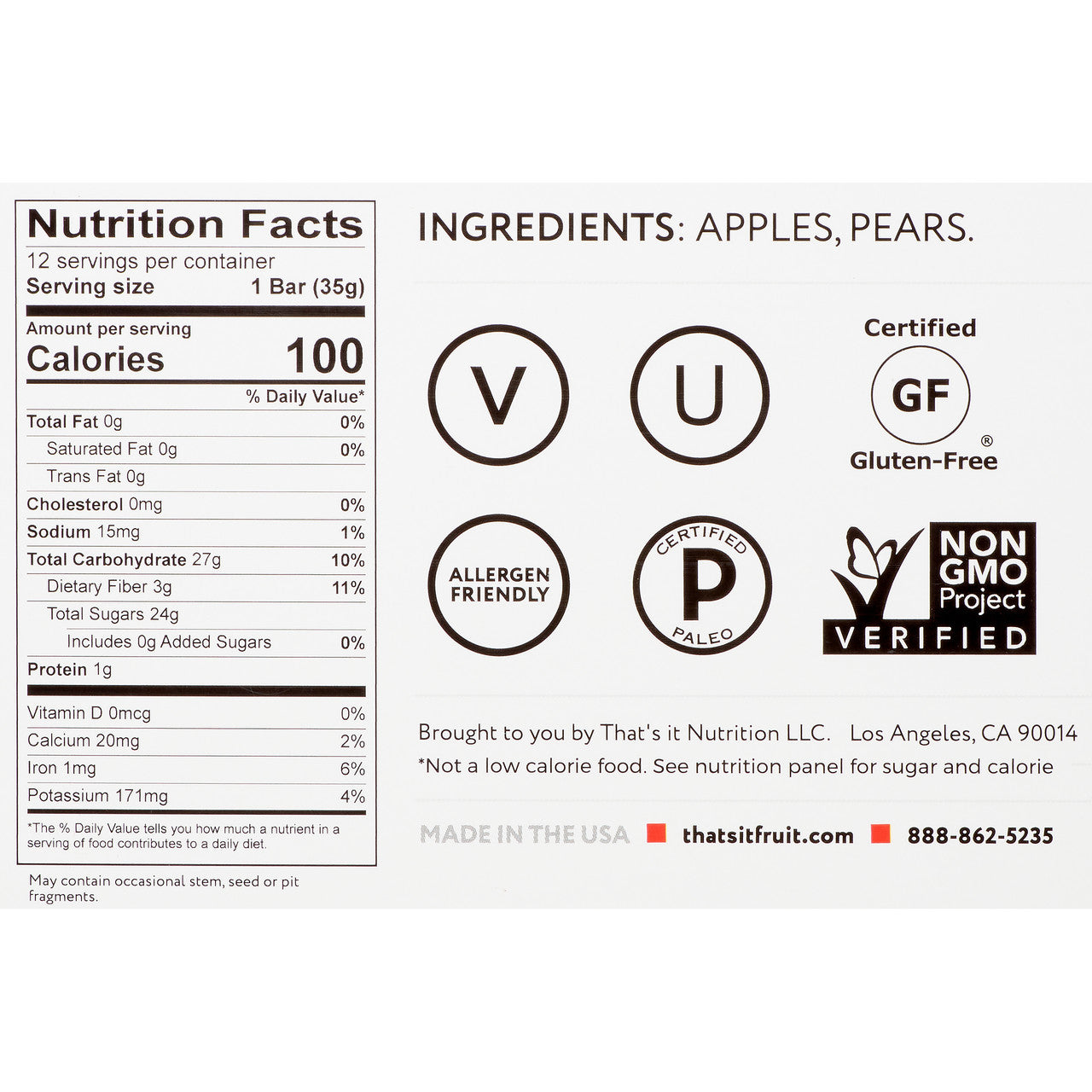 That’s It Apple + Pear Fruit Bar (12 x 1.2 oz) | 100% Real Fruit, High Fiber, No Added Sugar, Gluten-Free Snack