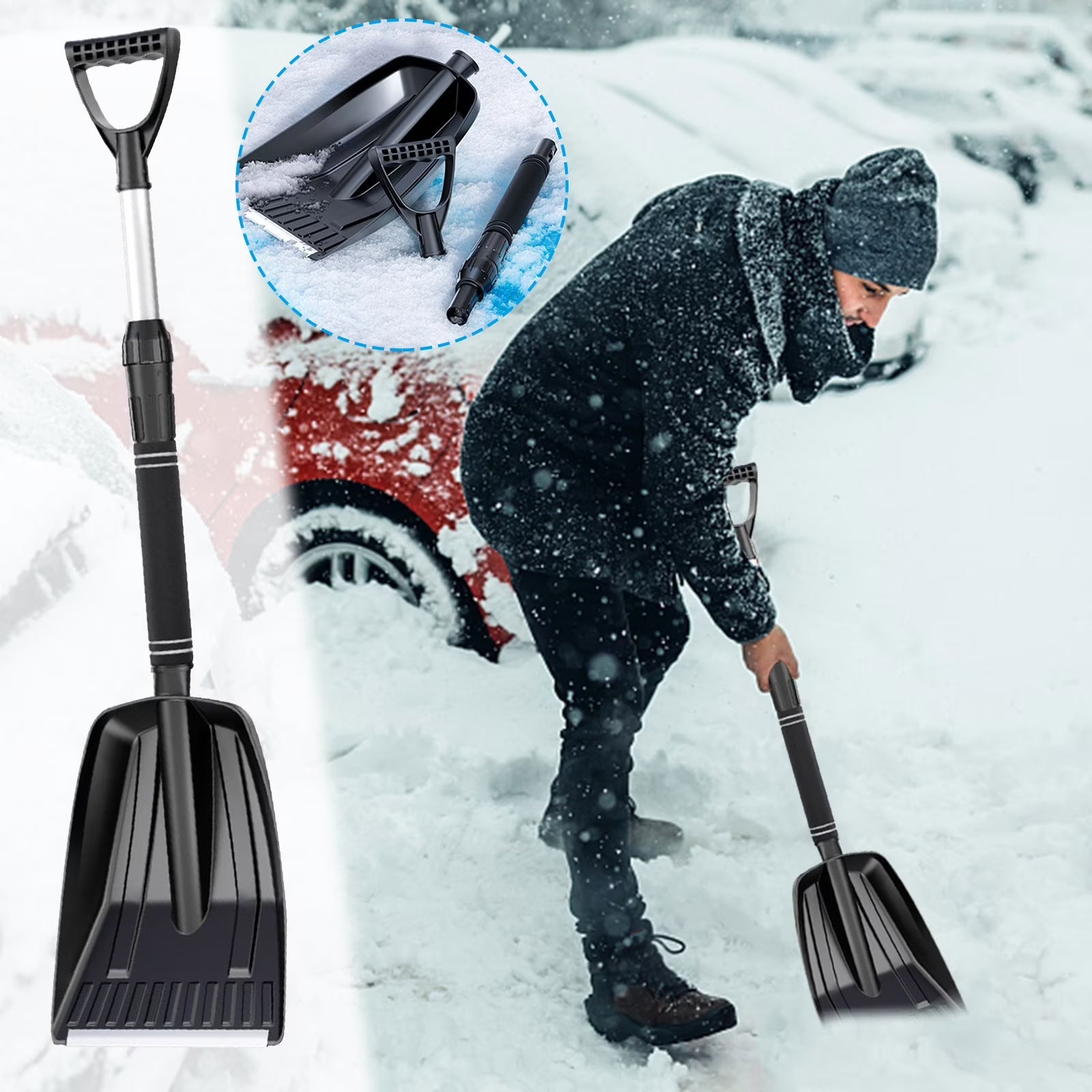KQJQS Winter Snow Removal Shovel with Detachable Installation Snow Shovel Set, Thickened and Enlarged Snow Removal Push Snow Shovel, Car Mounted Snow Shovel